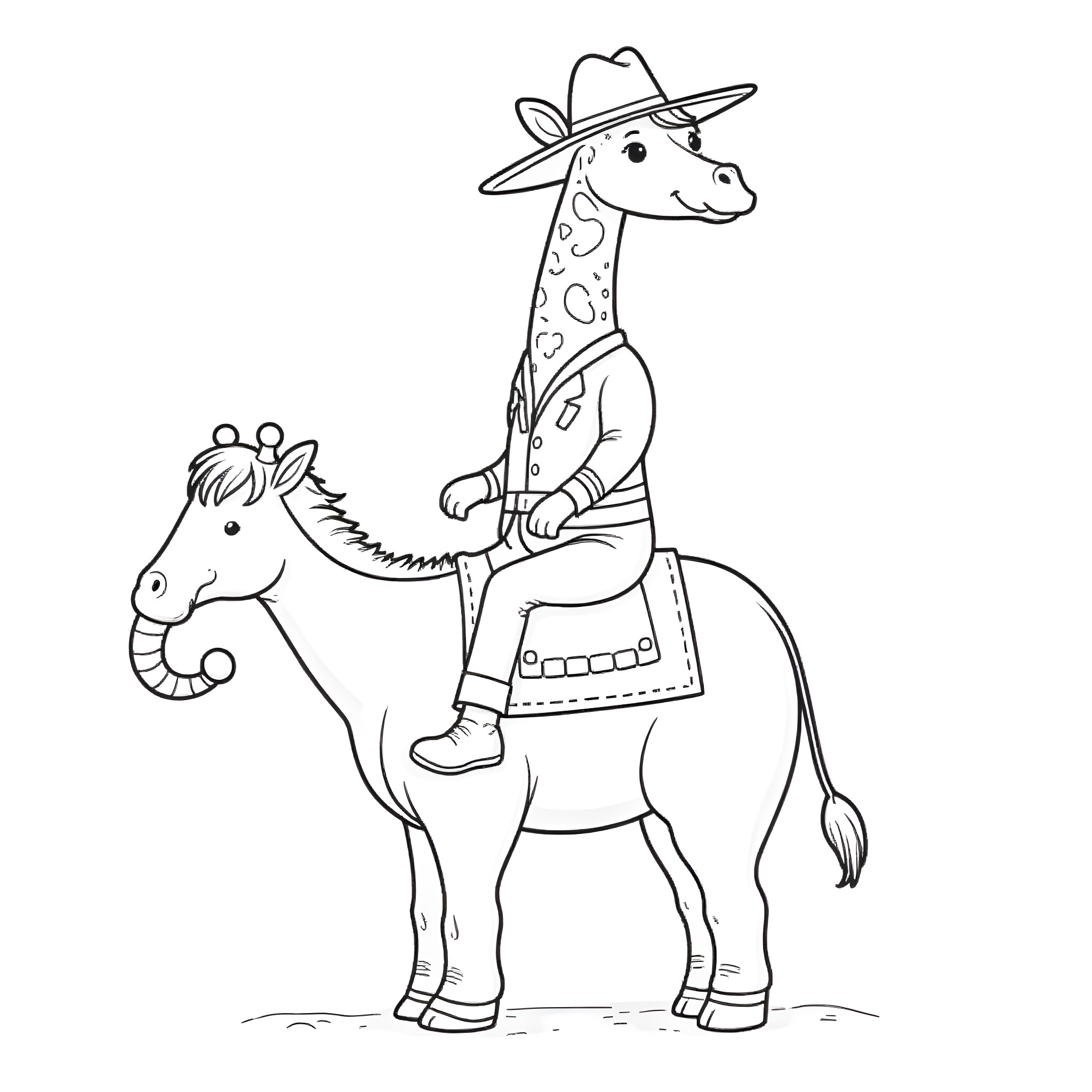 Giraffe Cowboy Riding Horse in the Wild Coloring Page (free black-and-white line drawing printable PDF for all, from beginners to advanced learners, including children, teens, adults, and seniors)