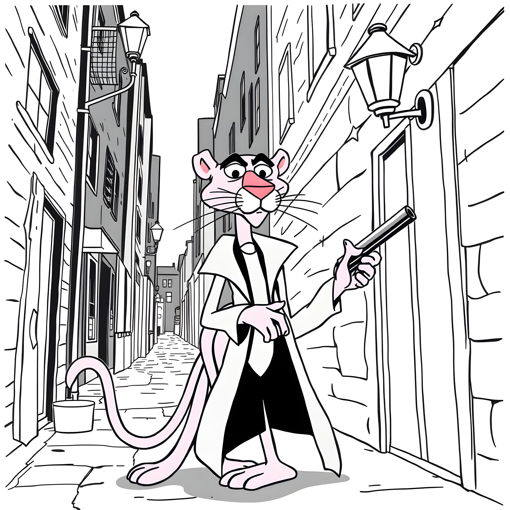 Panther strolling down the quaint city street Coloring Page (free black-and-white line drawing printable PDF for all, from beginners to advanced learners, including children, teens, adults, and seniors)