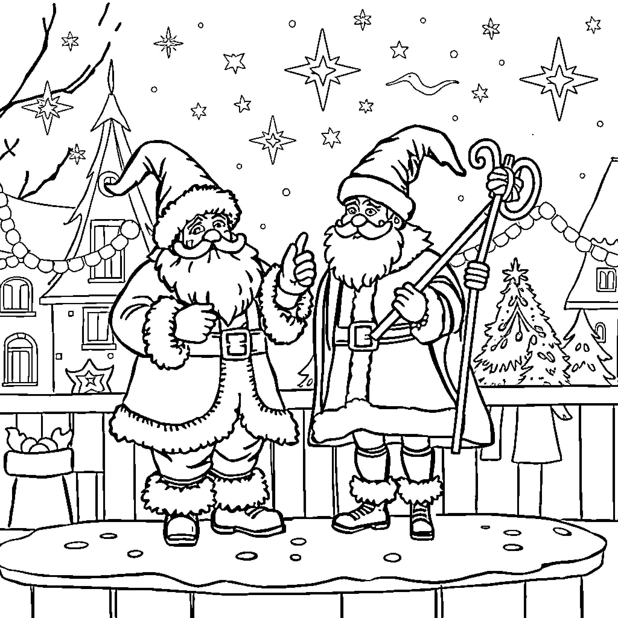 Sinterklaas and Zwarte Pieten celebrating the festive season Coloring Page (free black-and-white line drawing printable PDF for all, from beginners to advanced learners, including children, teens, adults, and seniors)