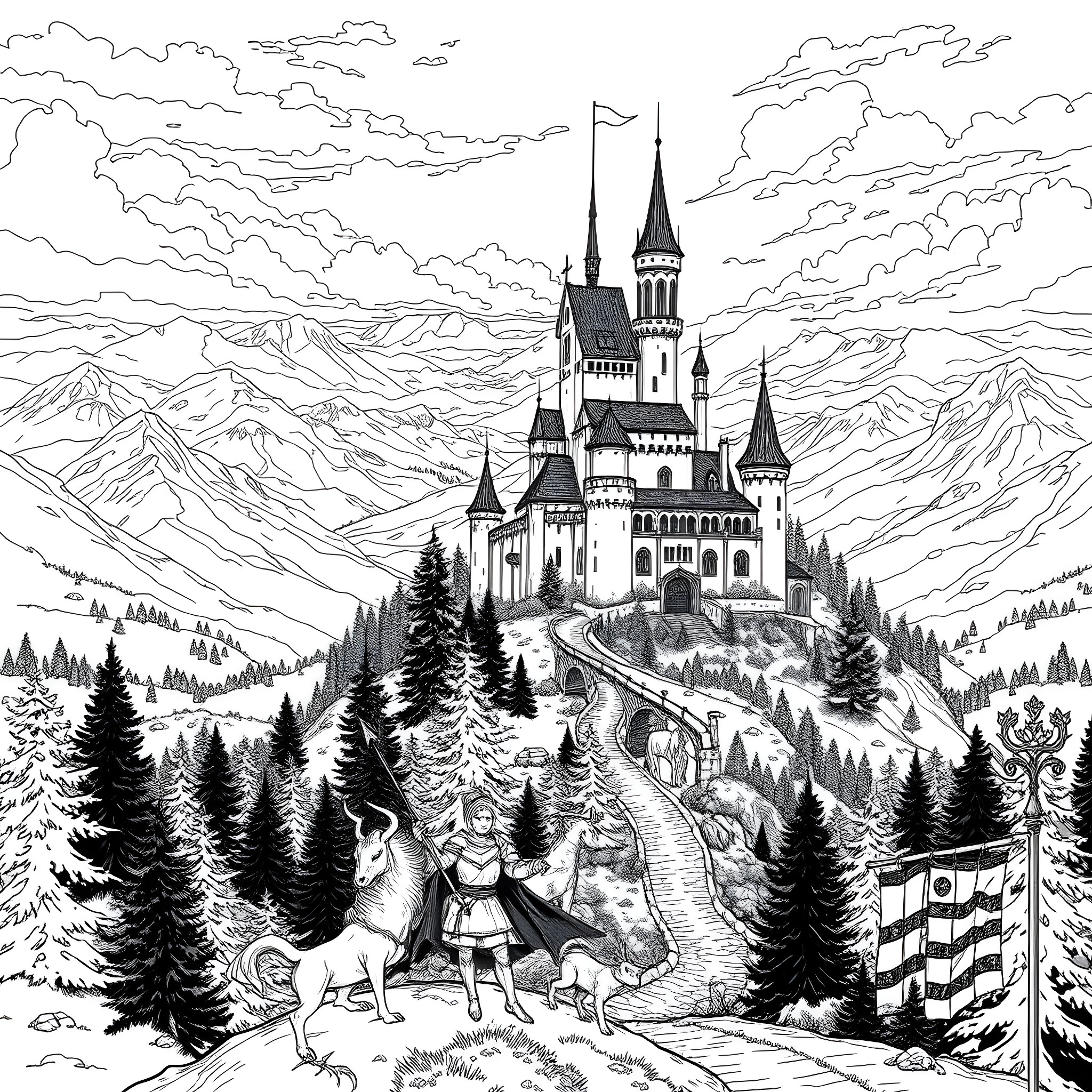 Lord Of The Enchanted Castle Amid Snowy Mountains Coloring Page (free black-and-white line drawing printable PDF for all, from beginners to advanced learners, including children, teens, adults, and seniors)