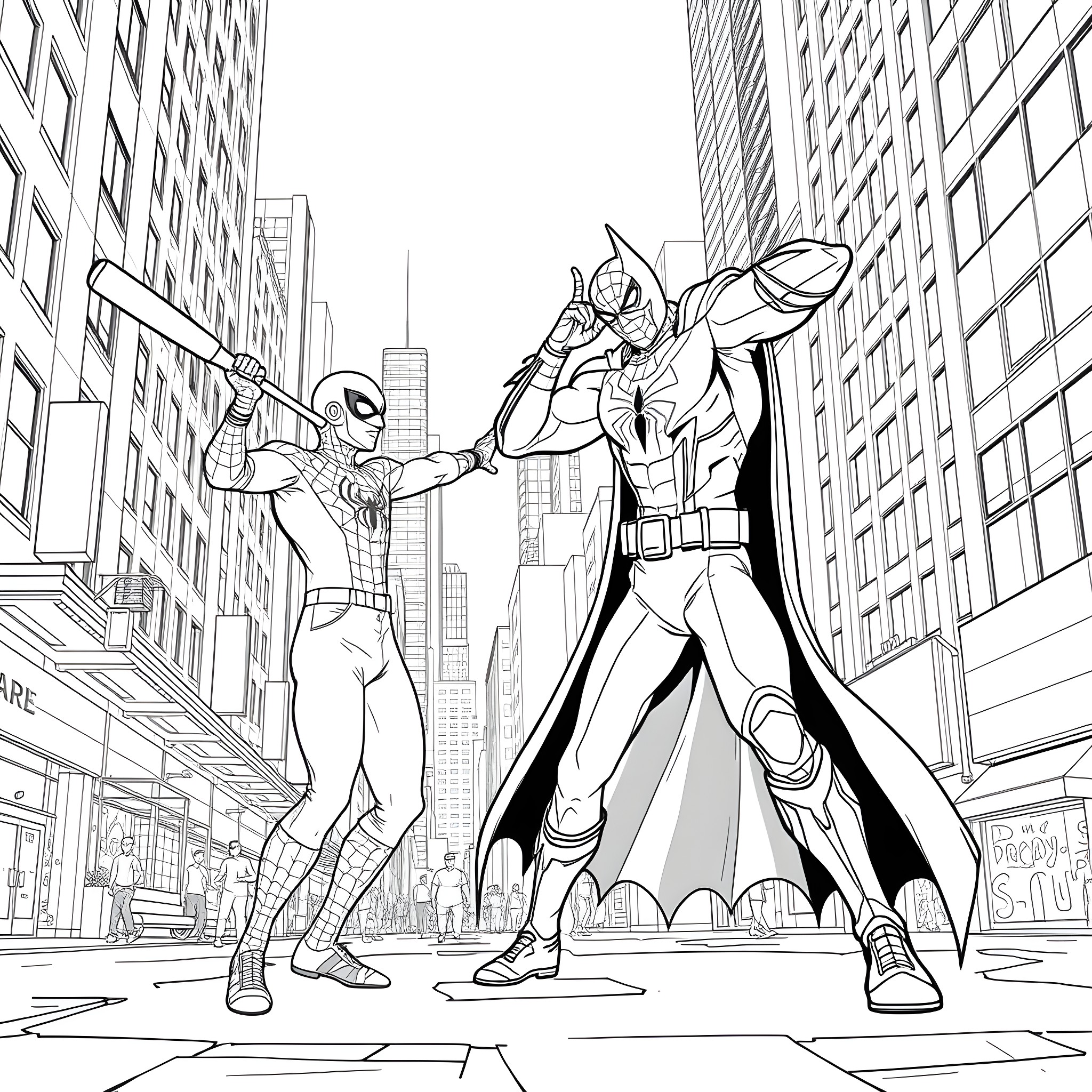Spiderman and Batman Team Up in the City Coloring Page (free black-and-white line drawing printable PDF for all, from beginners to advanced learners, including children, teens, adults, and seniors)