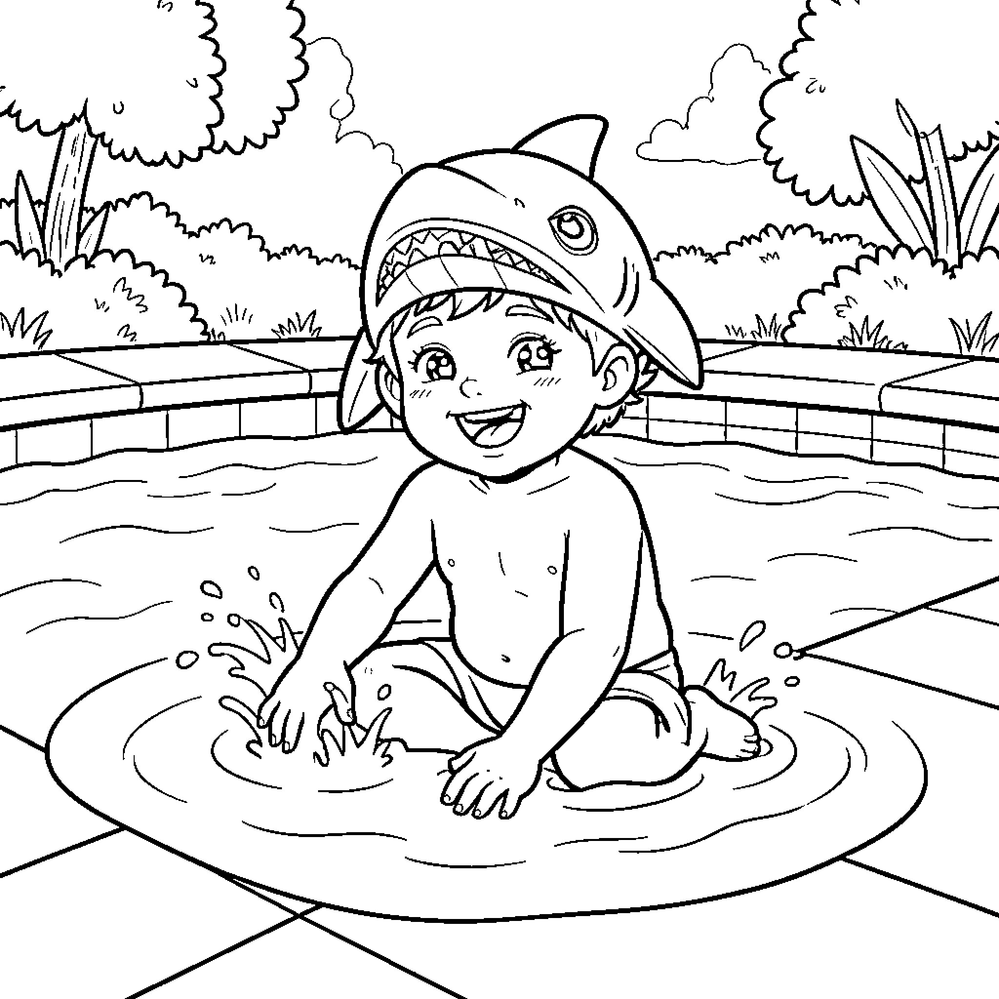 Enfant wearing shark hat playing in water Coloring Page (free black-and-white line drawing printable PDF for all, from beginners to advanced learners, including children, teens, adults, and seniors)