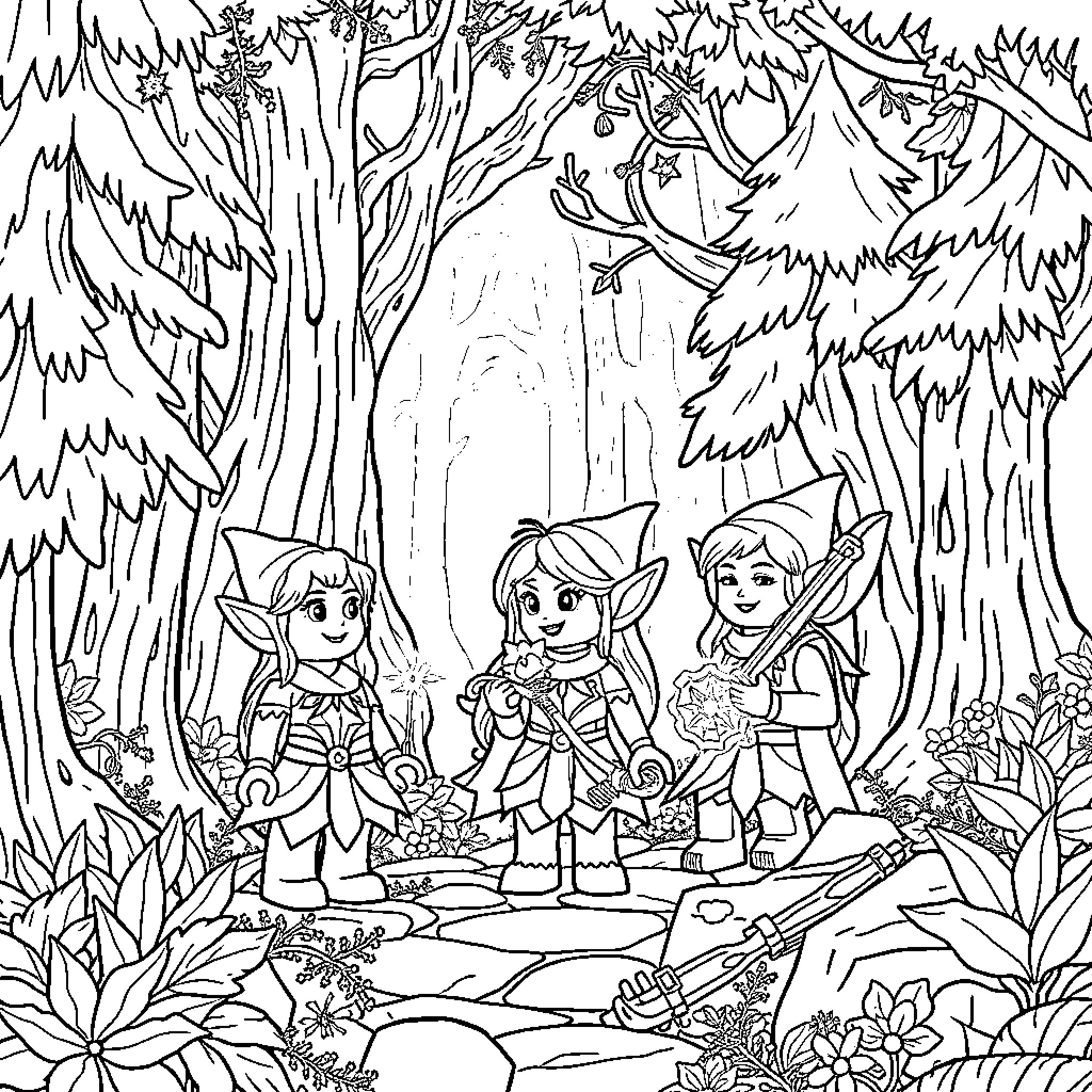 Rosaline's Enchanted Forest Adventure Coloring Page (free black-and-white line drawing printable PDF for all, from beginners to advanced learners, including children, teens, adults, and seniors)