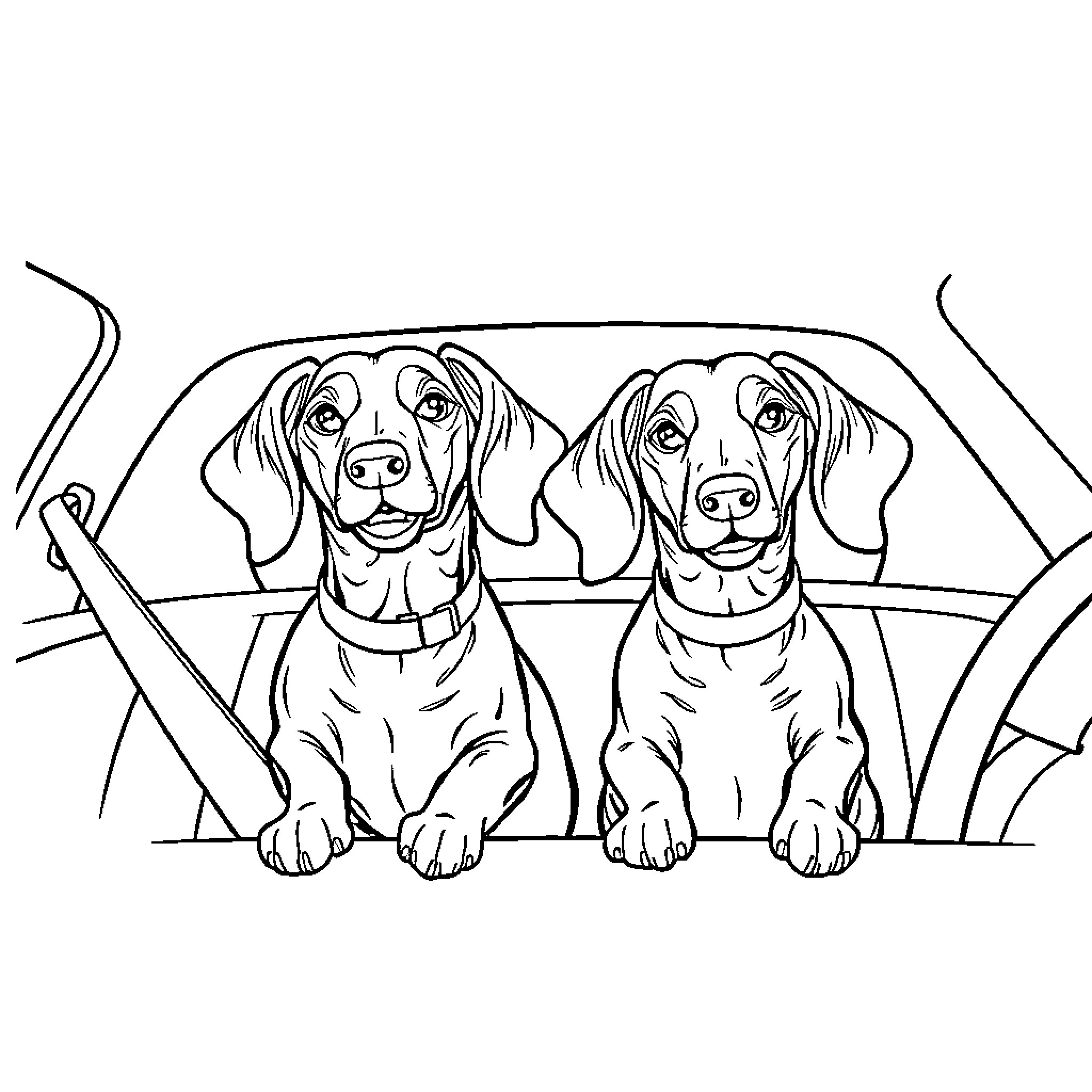 Dachshund dogs sitting in the backseat of a car Coloring Page (free black-and-white line drawing printable PDF for all, from beginners to advanced learners, including children, teens, adults, and seniors)