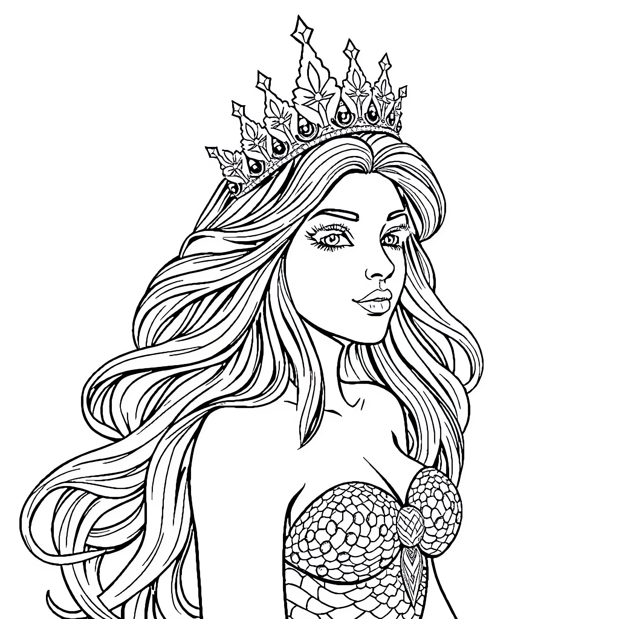 Siren with Flowing Hair and Ornate Crown Coloring Page (free black-and-white line drawing printable PDF for all, from beginners to advanced learners, including children, teens, adults, and seniors)