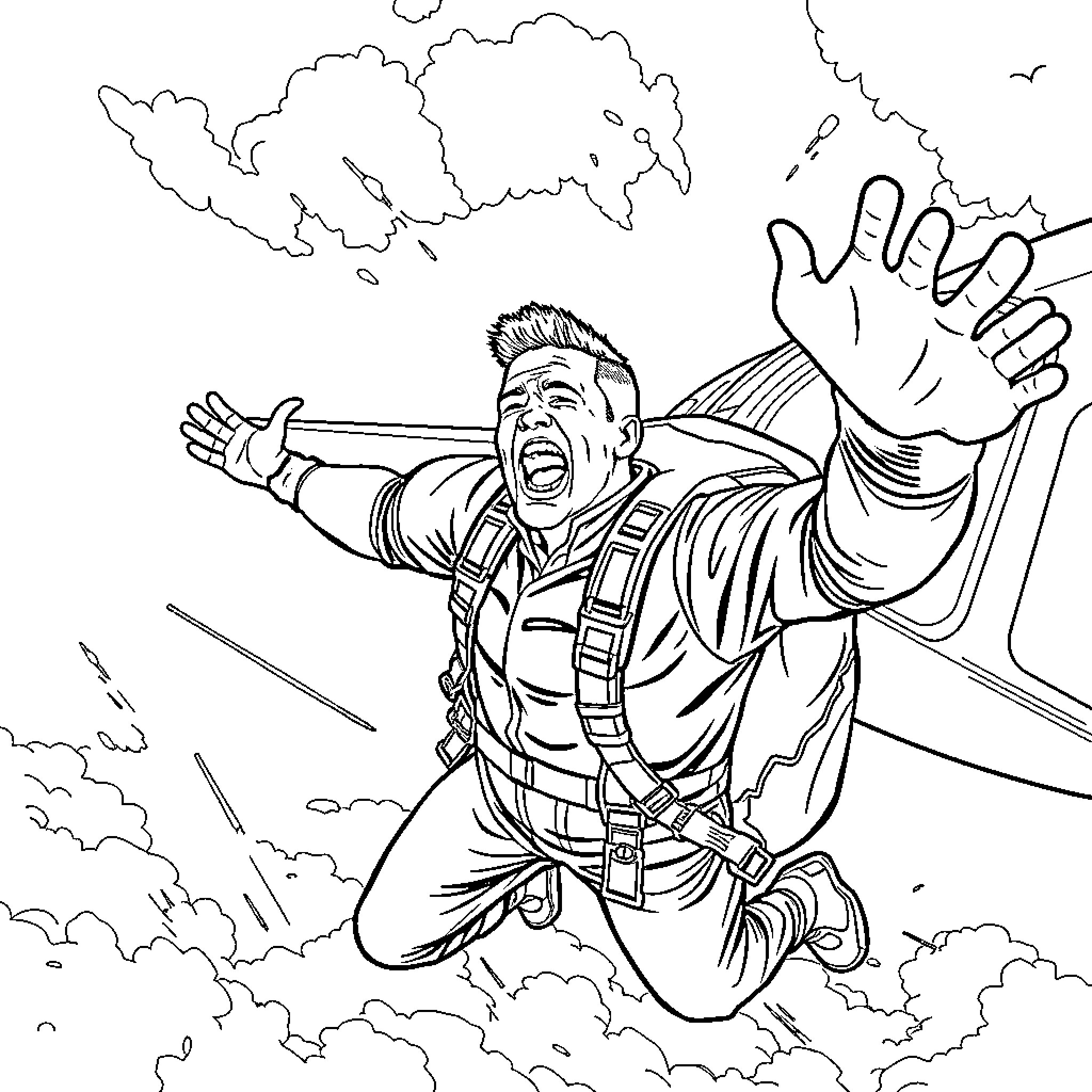 John Cena triumphant in the clouds Coloring Page (free black-and-white line drawing printable PDF for all, from beginners to advanced learners, including children, teens, adults, and seniors)
