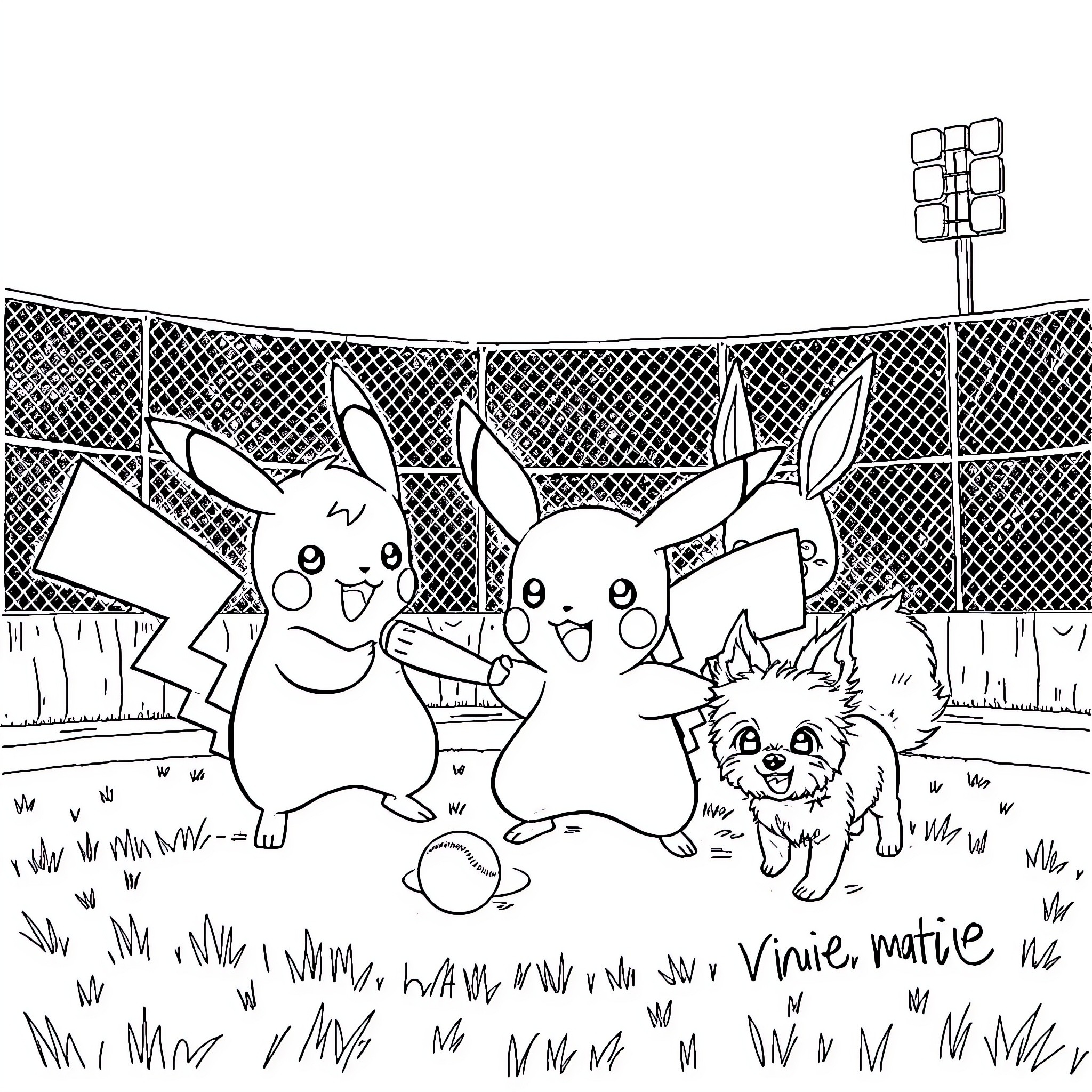 Pikachu and friends enjoying the outdoors Coloring Page (free black-and-white line drawing printable PDF for all, from beginners to advanced learners, including children, teens, adults, and seniors)