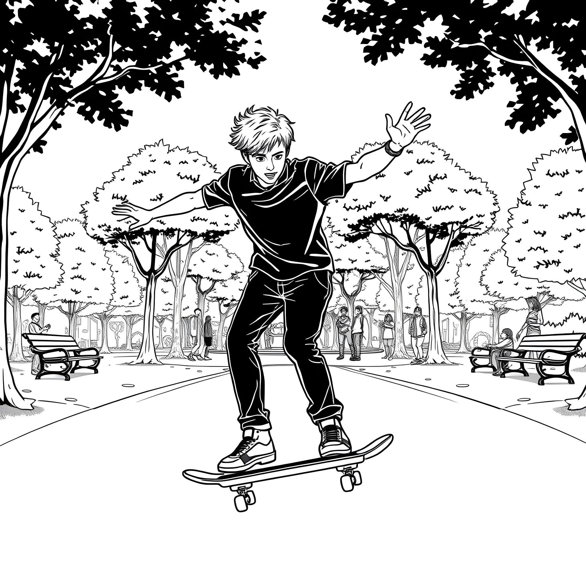 Axel's Skateboarding Adventure in the Park Coloring Page (free black-and-white line drawing printable PDF for all, from beginners to advanced learners, including children, teens, adults, and seniors)