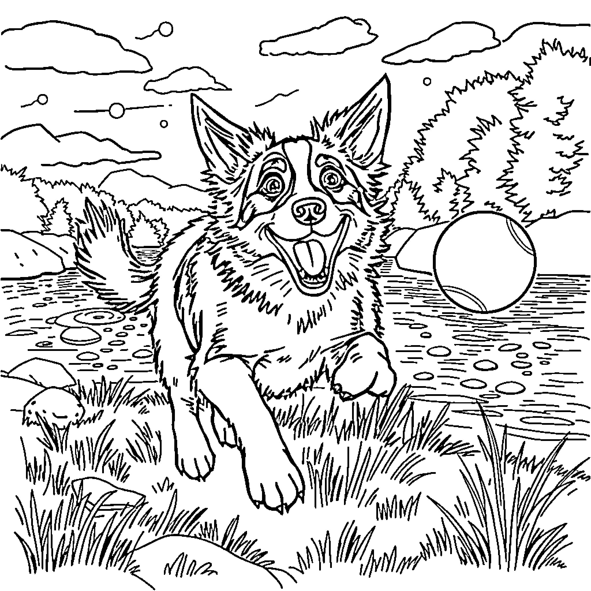 Border Collie playing joyfully in the countryside Coloring Page (free black-and-white line drawing printable PDF for all, from beginners to advanced learners, including children, teens, adults, and seniors)
