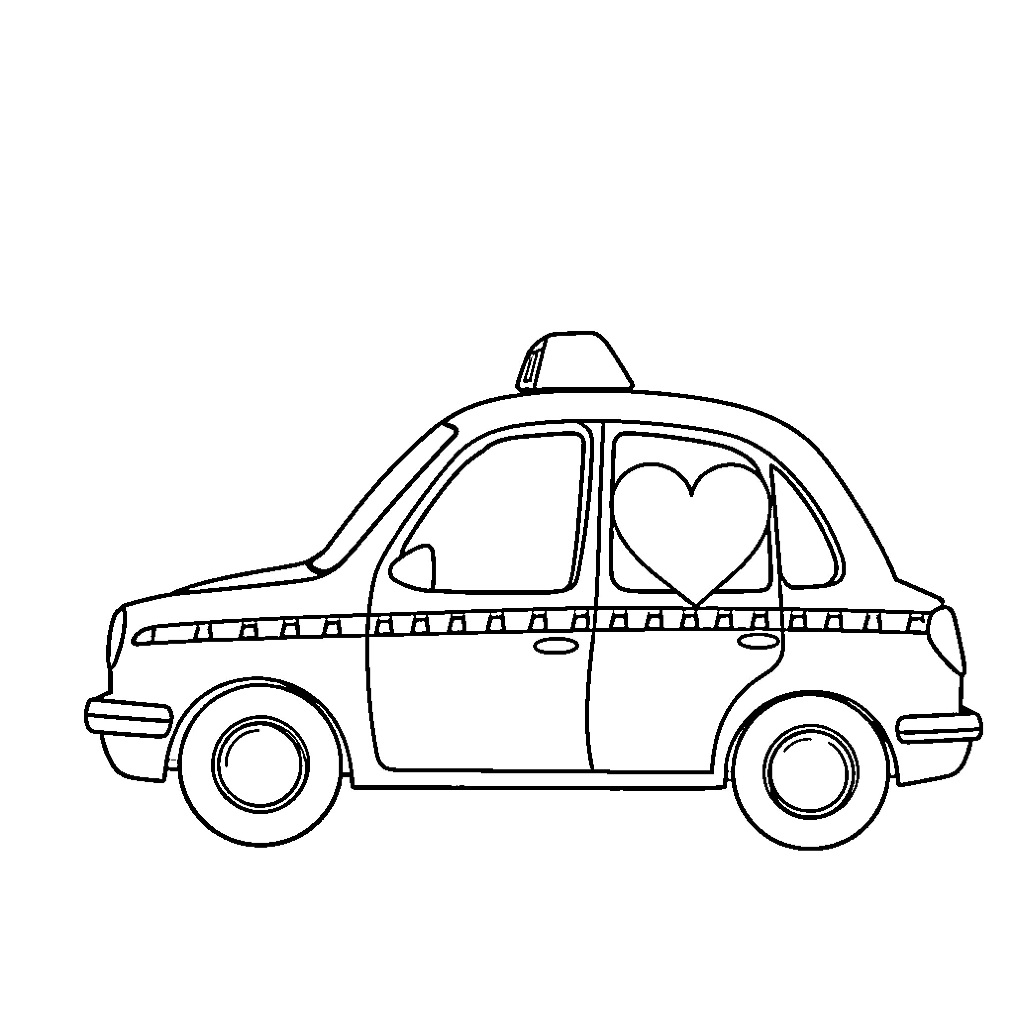 Taxi with Love-Themed Decor Coloring Page (free black-and-white line drawing printable PDF for all, from beginners to advanced learners, including children, teens, adults, and seniors)