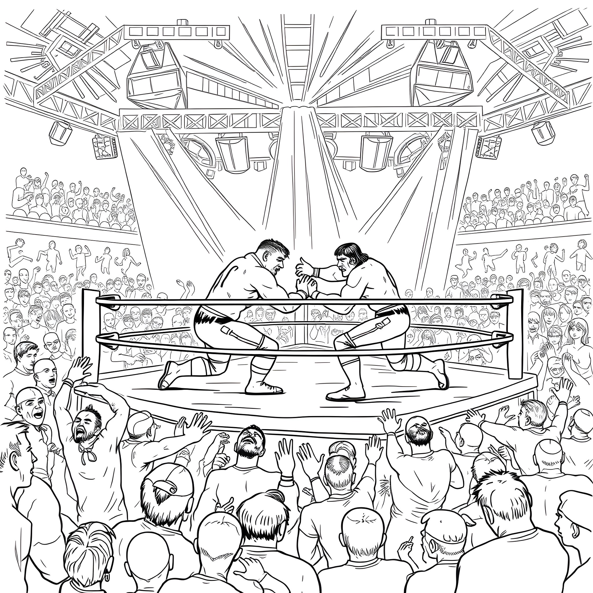 WWE Wrestlers Engaged in Intense Match in the Ring Coloring Page (free black-and-white line drawing printable PDF for all, from beginners to advanced learners, including children, teens, adults, and seniors)