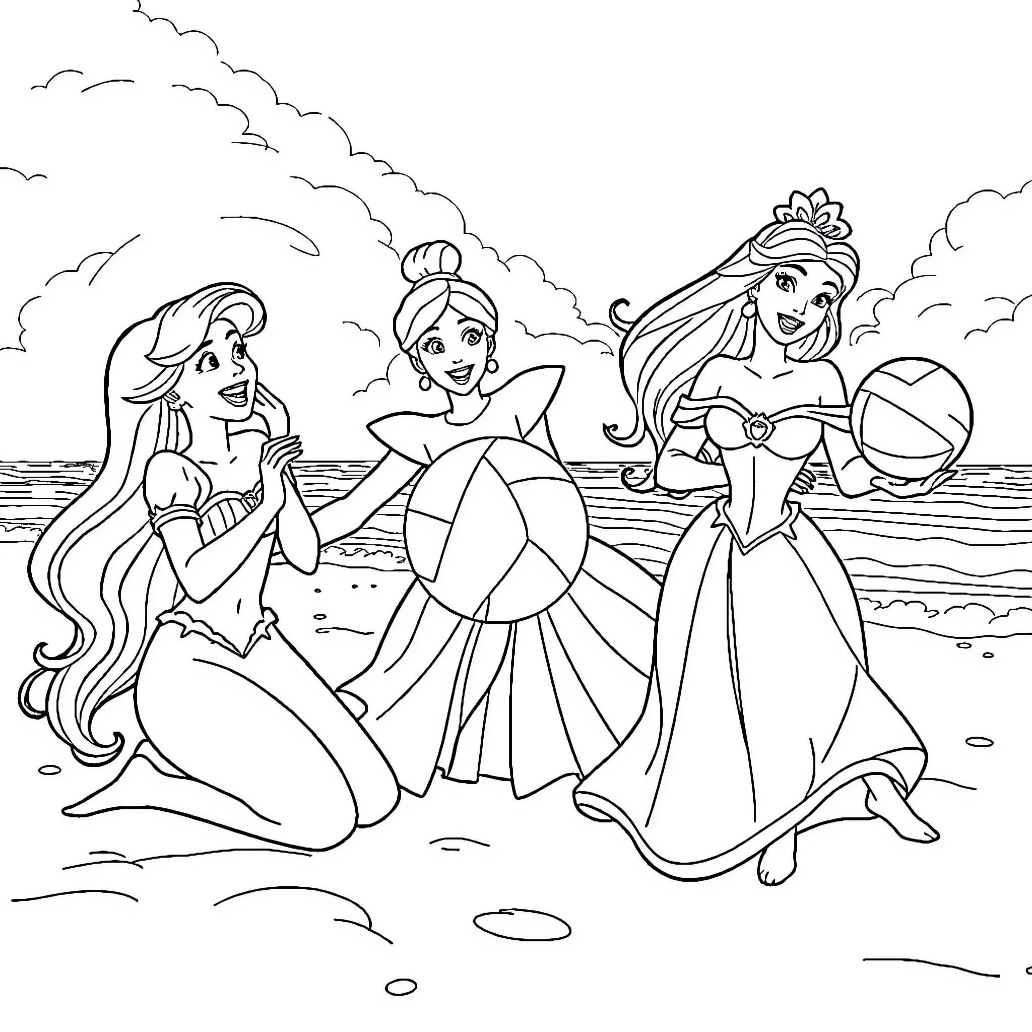 Disney Princesses Enjoying a Beach Outing Coloring Page (free black-and-white line drawing printable PDF for all, from beginners to advanced learners, including children, teens, adults, and seniors)