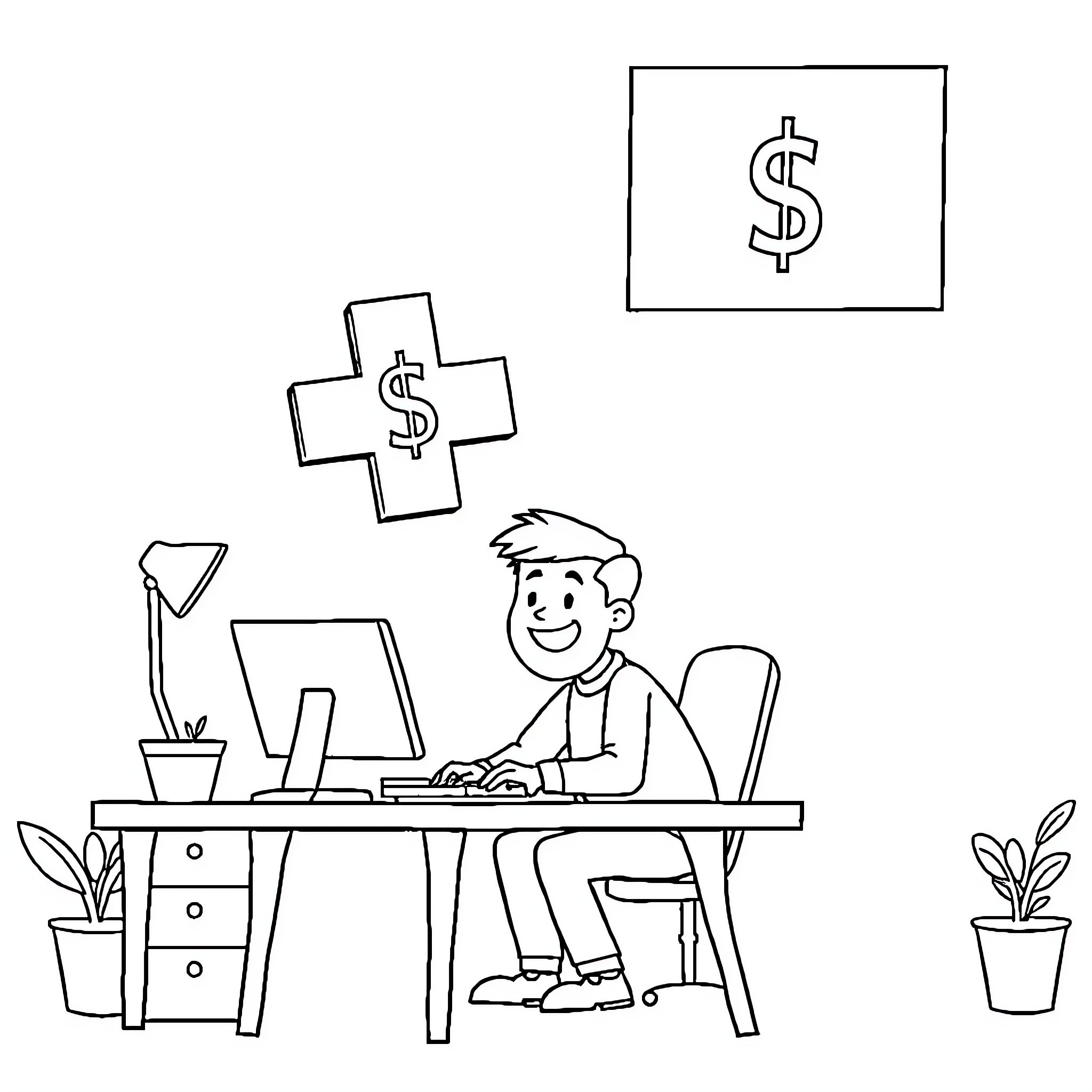 Family at Work: Man Focused on Computer with Dollar Symbol Coloring Page (free black-and-white line drawing printable PDF for all, from beginners to advanced learners, including children, teens, adults, and seniors)