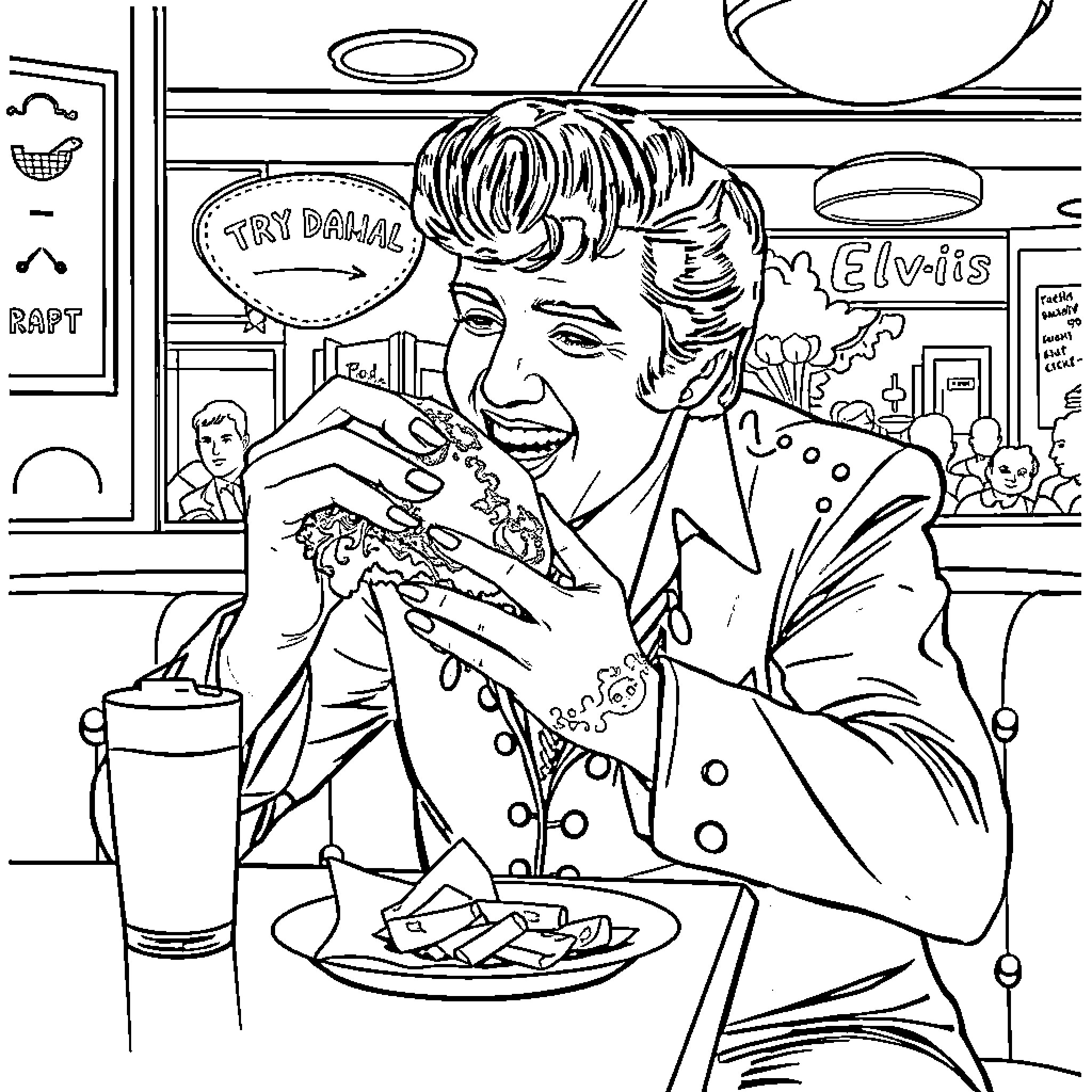 Elvis Enjoying a Tasty Diner Meal Coloring Page (free black-and-white line drawing printable PDF for all, from beginners to advanced learners, including children, teens, adults, and seniors)