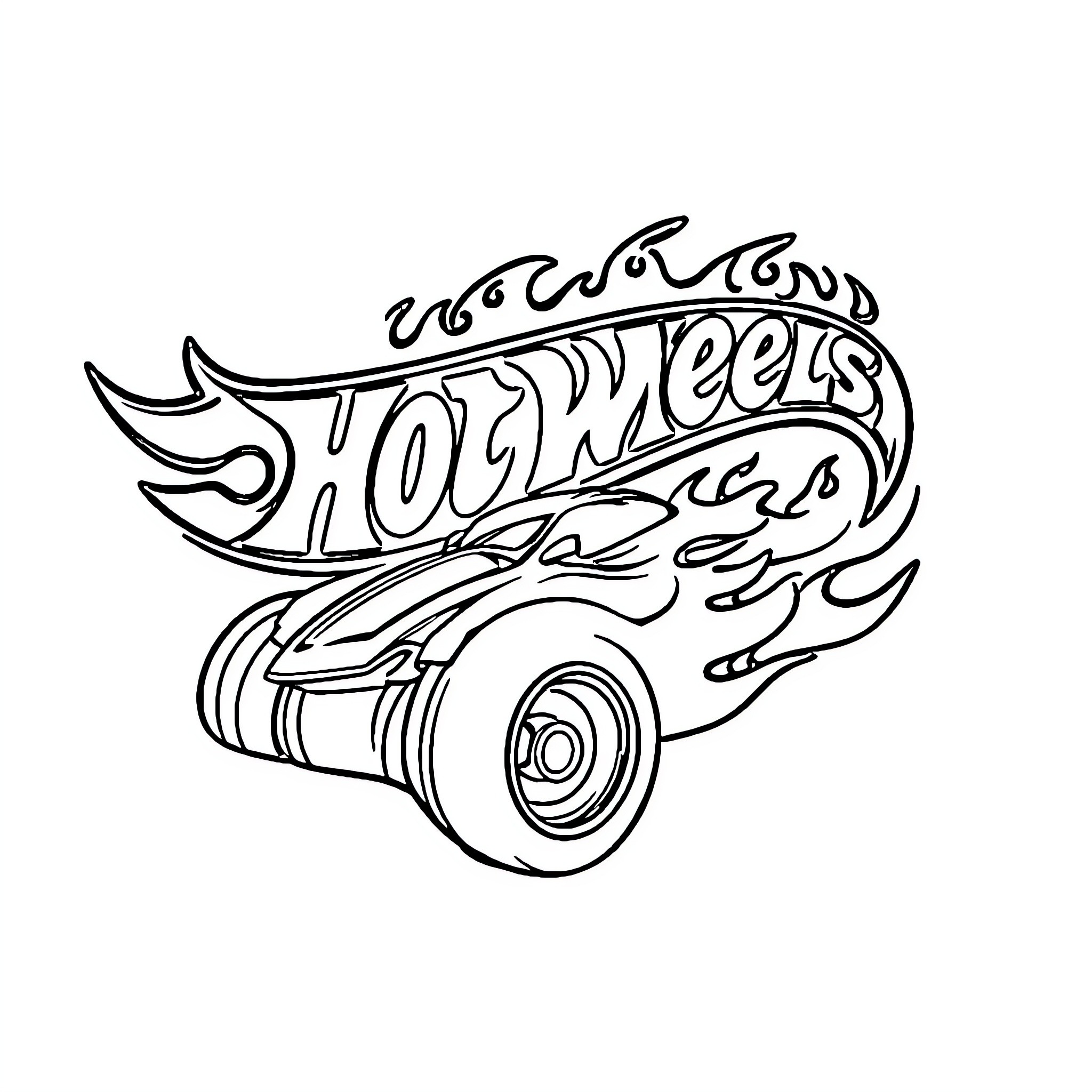 Hot Wheels with Flaming Wheels and Vintage Style Coloring Page (free black-and-white line drawing printable PDF for all, from beginners to advanced learners, including children, teens, adults, and seniors)