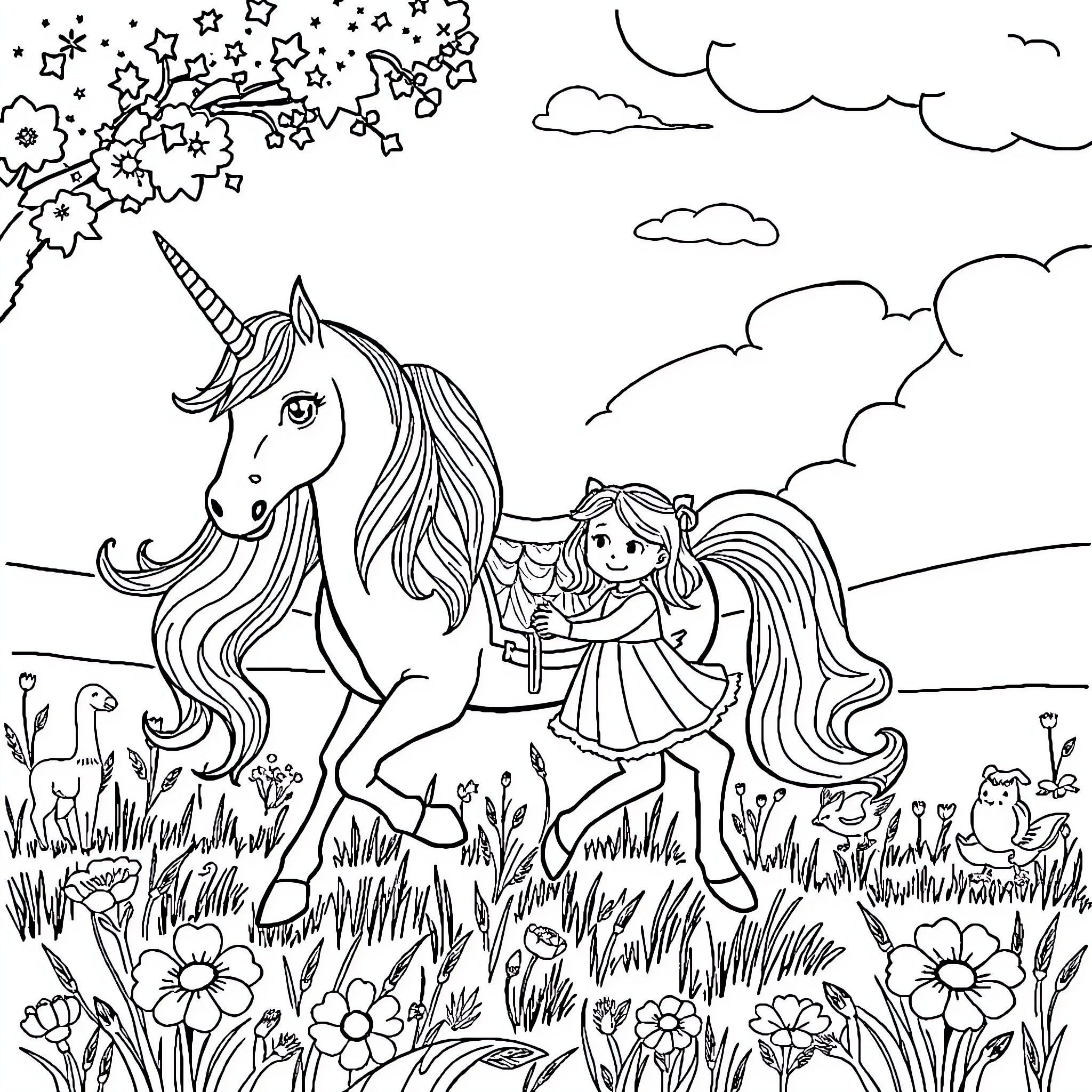 Unicorn and girl enjoying a magical meadow Coloring Page (free black-and-white line drawing printable PDF for all, from beginners to advanced learners, including children, teens, adults, and seniors)