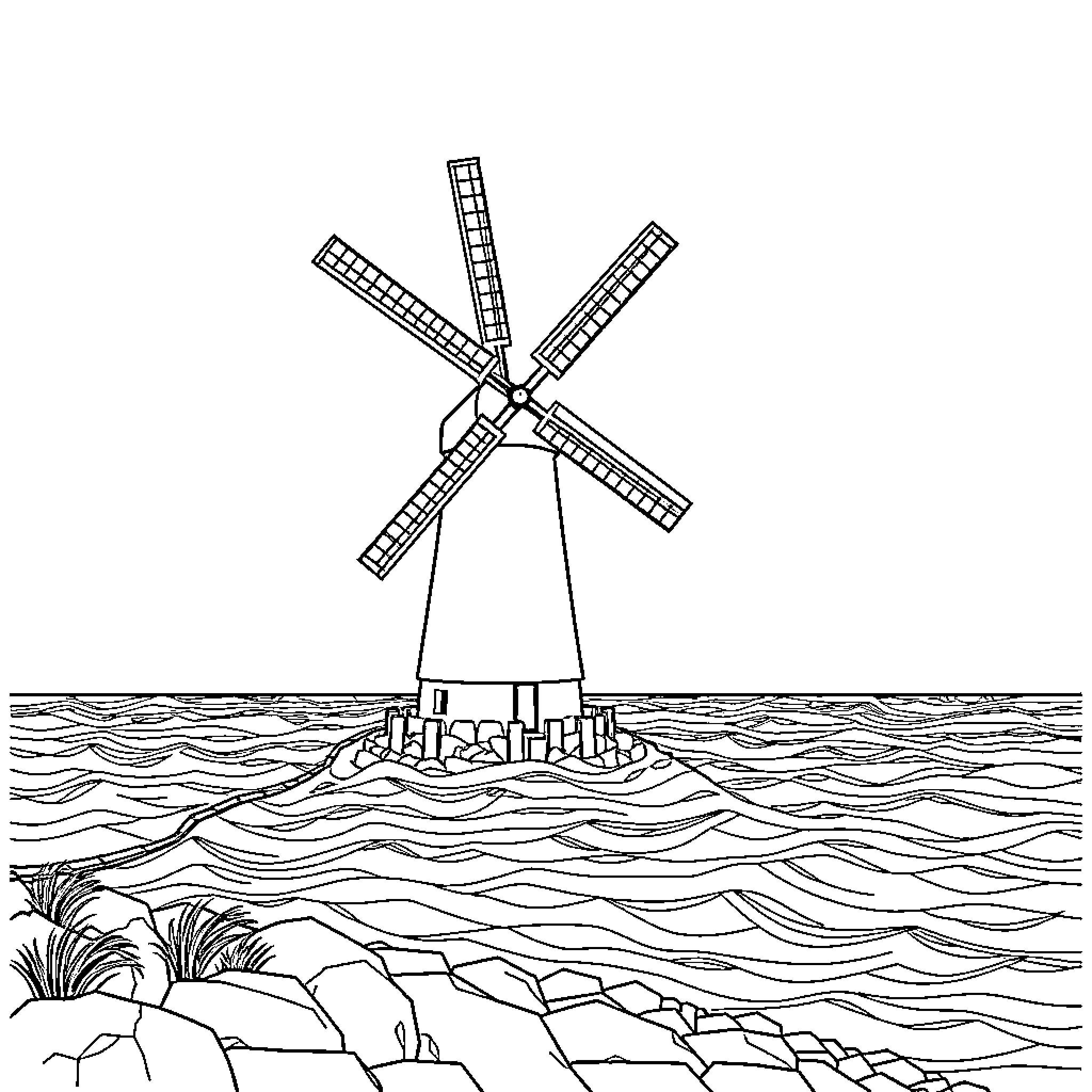 Windmill by the Coastal Waves Coloring Page (free black-and-white line drawing printable PDF for all, from beginners to advanced learners, including children, teens, adults, and seniors)