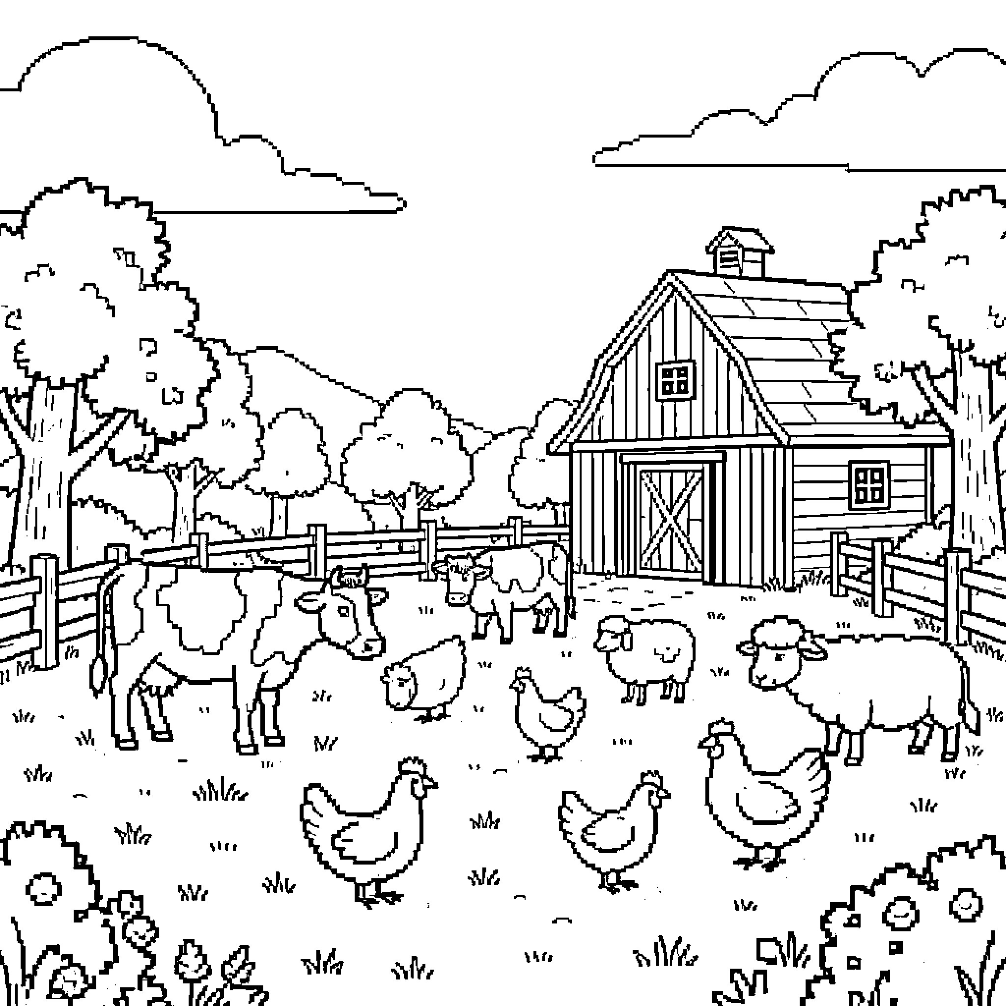 Farm Animal scene with cows and chickens in a field Coloring Page (free black-and-white line drawing printable PDF for all, from beginners to advanced learners, including children, teens, adults, and seniors)
