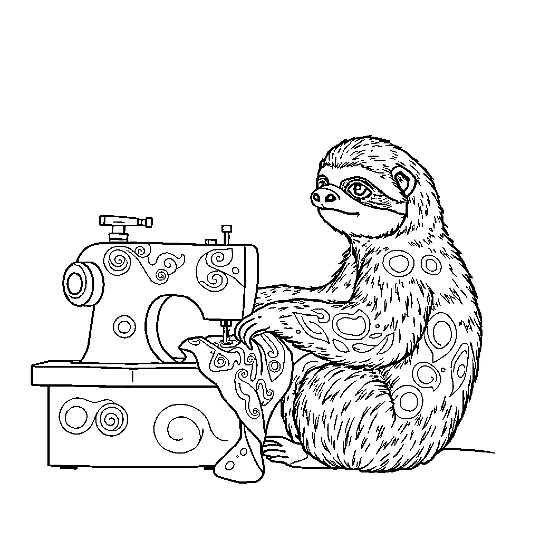 Sloth sewing patterns with a sewing machine Coloring Page (free black-and-white line drawing printable PDF for all, from beginners to advanced learners, including children, teens, adults, and seniors)