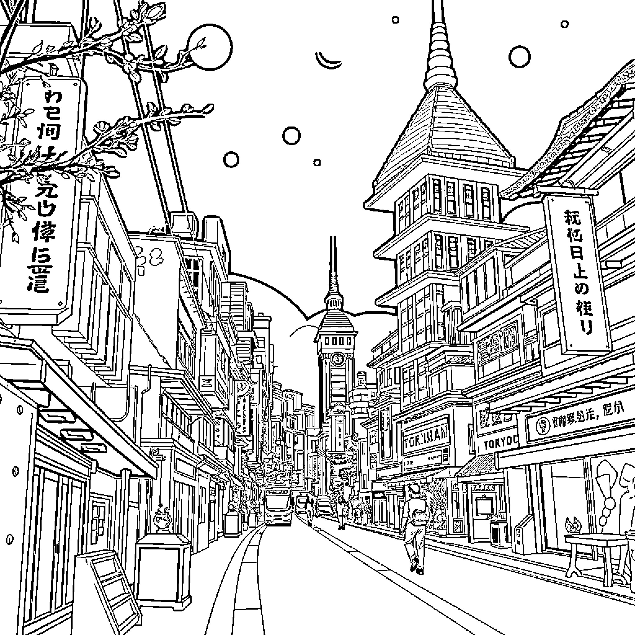 Tokyo Animation - Bustling City Street Scene Coloring Page (free black-and-white line drawing printable PDF for all, from beginners to advanced learners, including children, teens, adults, and seniors)