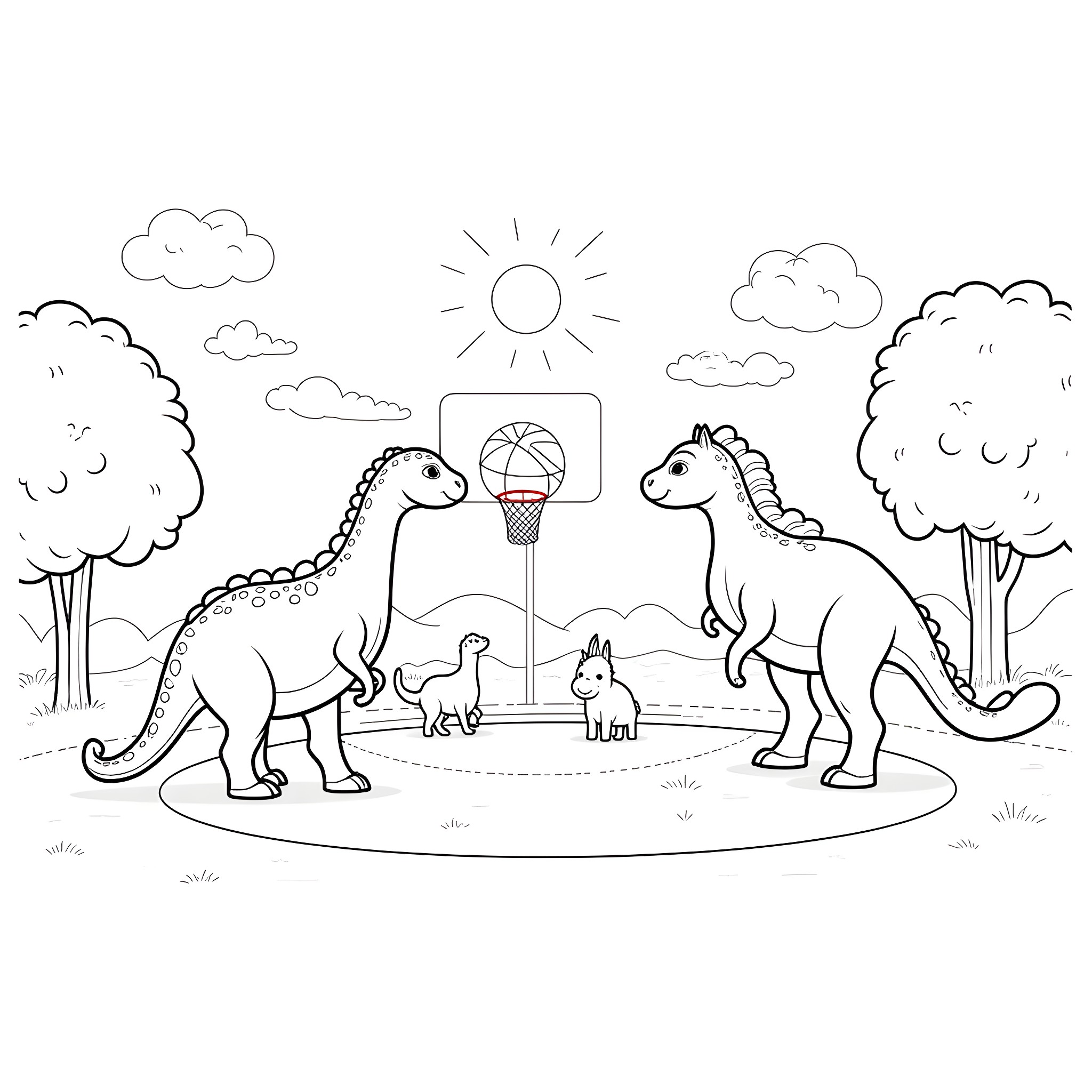 Dinosaurs playing basketball on a sunny day Coloring Page (free black-and-white line drawing printable PDF for all, from beginners to advanced learners, including children, teens, adults, and seniors)