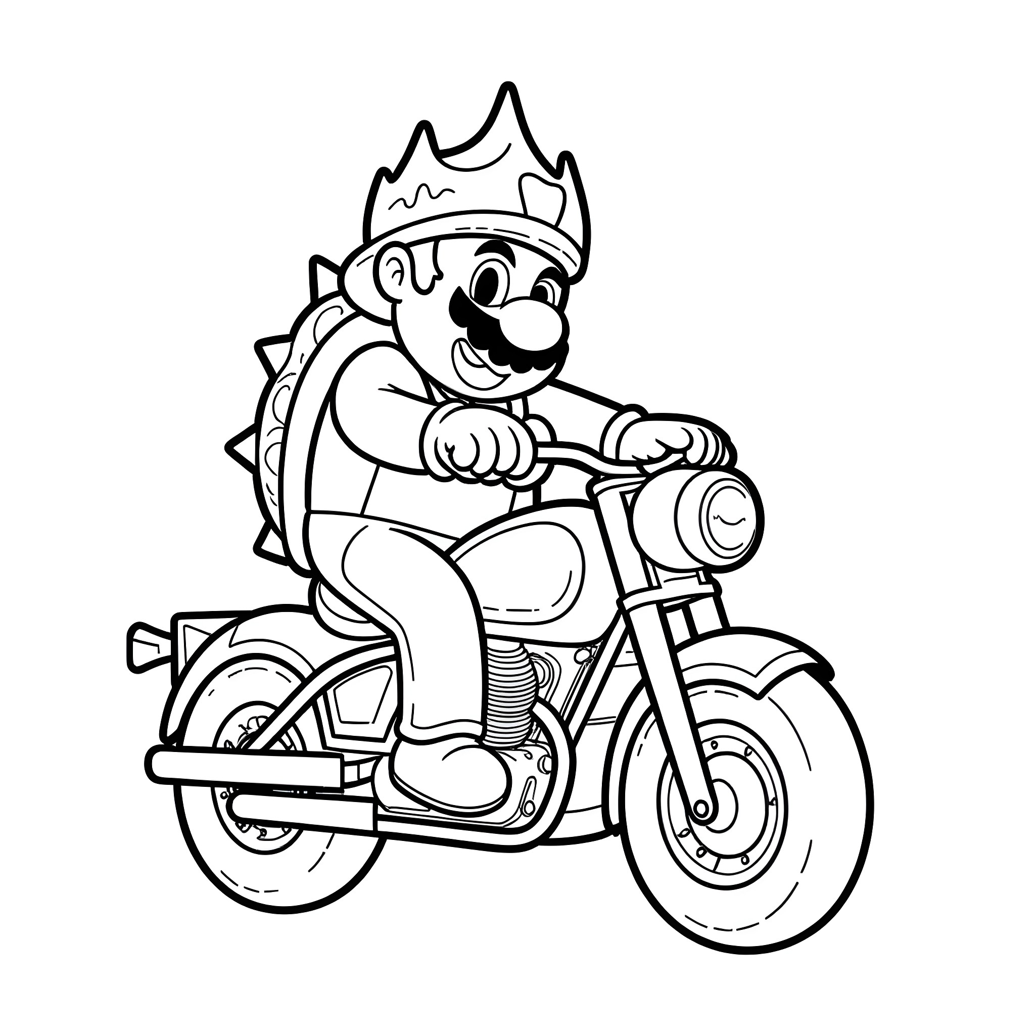 Mario riding a motorcycle in style Coloring Page (free black-and-white line drawing printable PDF for all, from beginners to advanced learners, including children, teens, adults, and seniors)