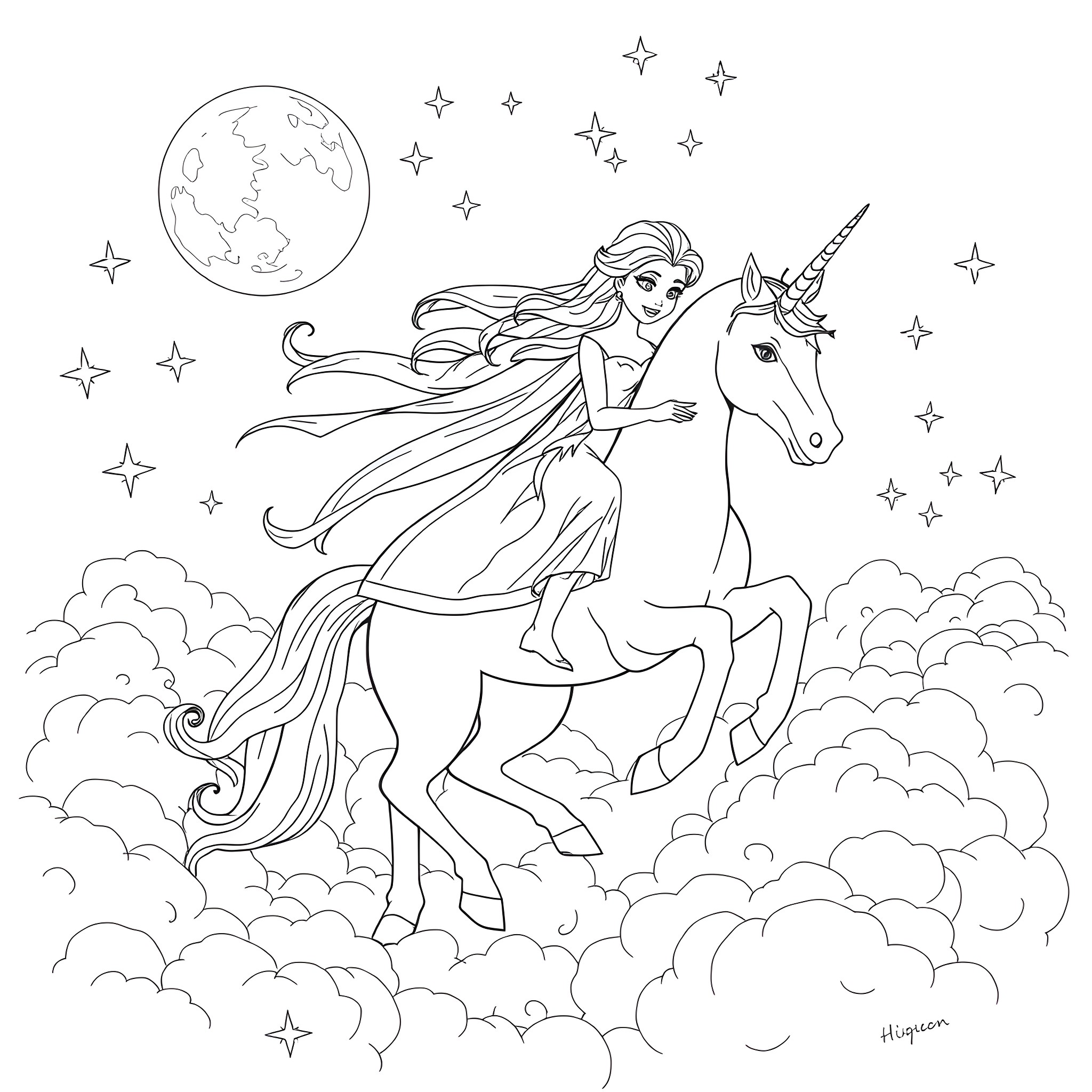 Elsa riding a magical unicorn under the night sky Coloring Page (free black-and-white line drawing printable PDF for all, from beginners to advanced learners, including children, teens, adults, and seniors)