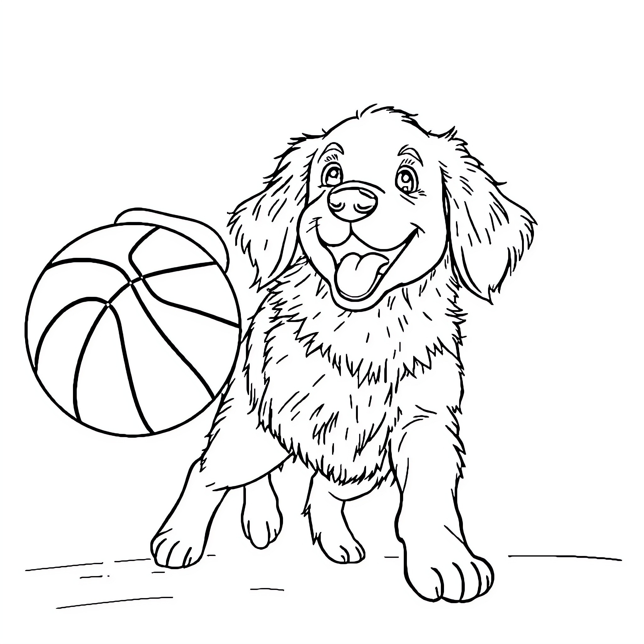 Airbud playing happily with a basketball Coloring Page (free black-and-white line drawing printable PDF for all, from beginners to advanced learners, including children, teens, adults, and seniors)