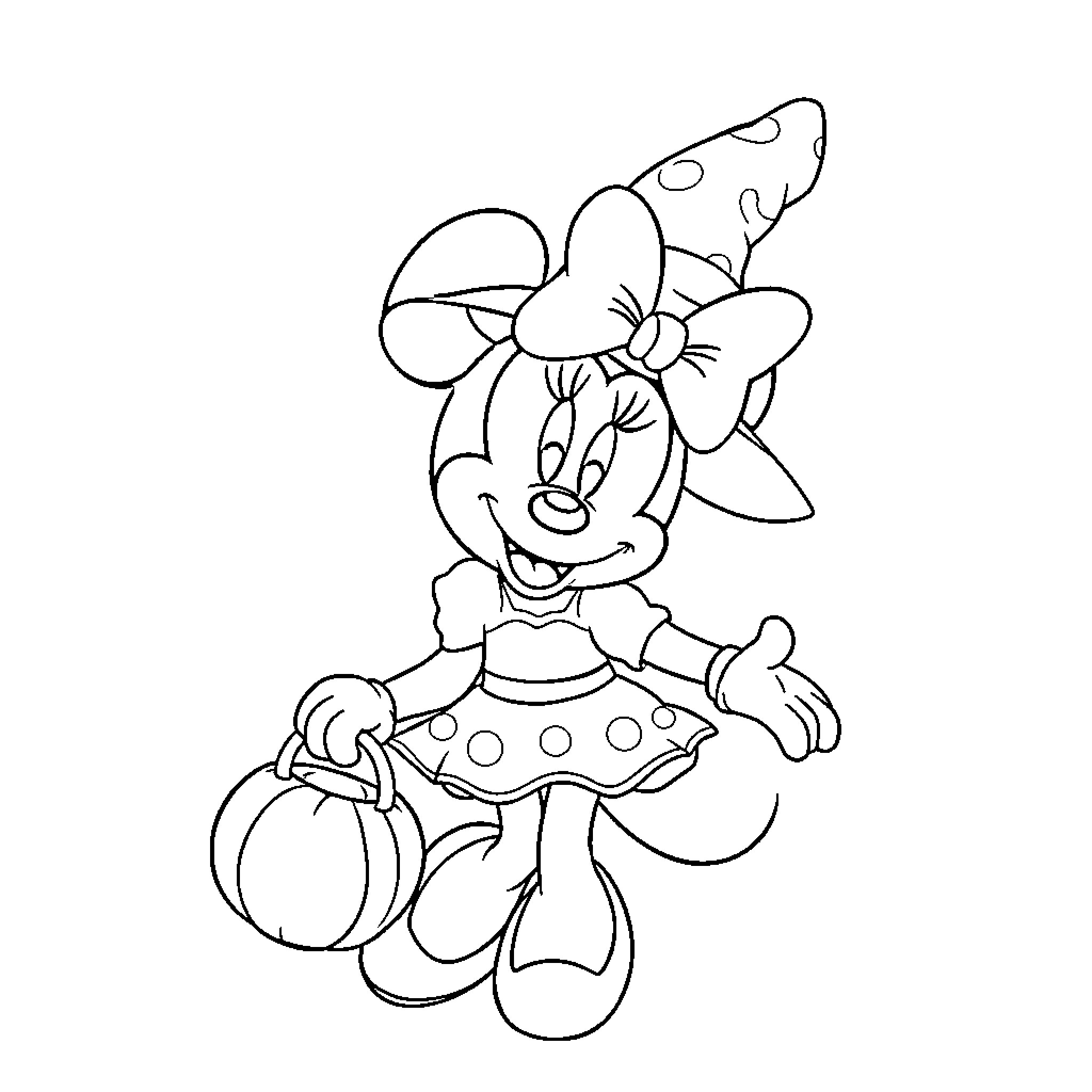 Minnie Mouse in Playful Pose with Polka Dot Dress Coloring Page (free black-and-white line drawing printable PDF for all, from beginners to advanced learners, including children, teens, adults, and seniors)
