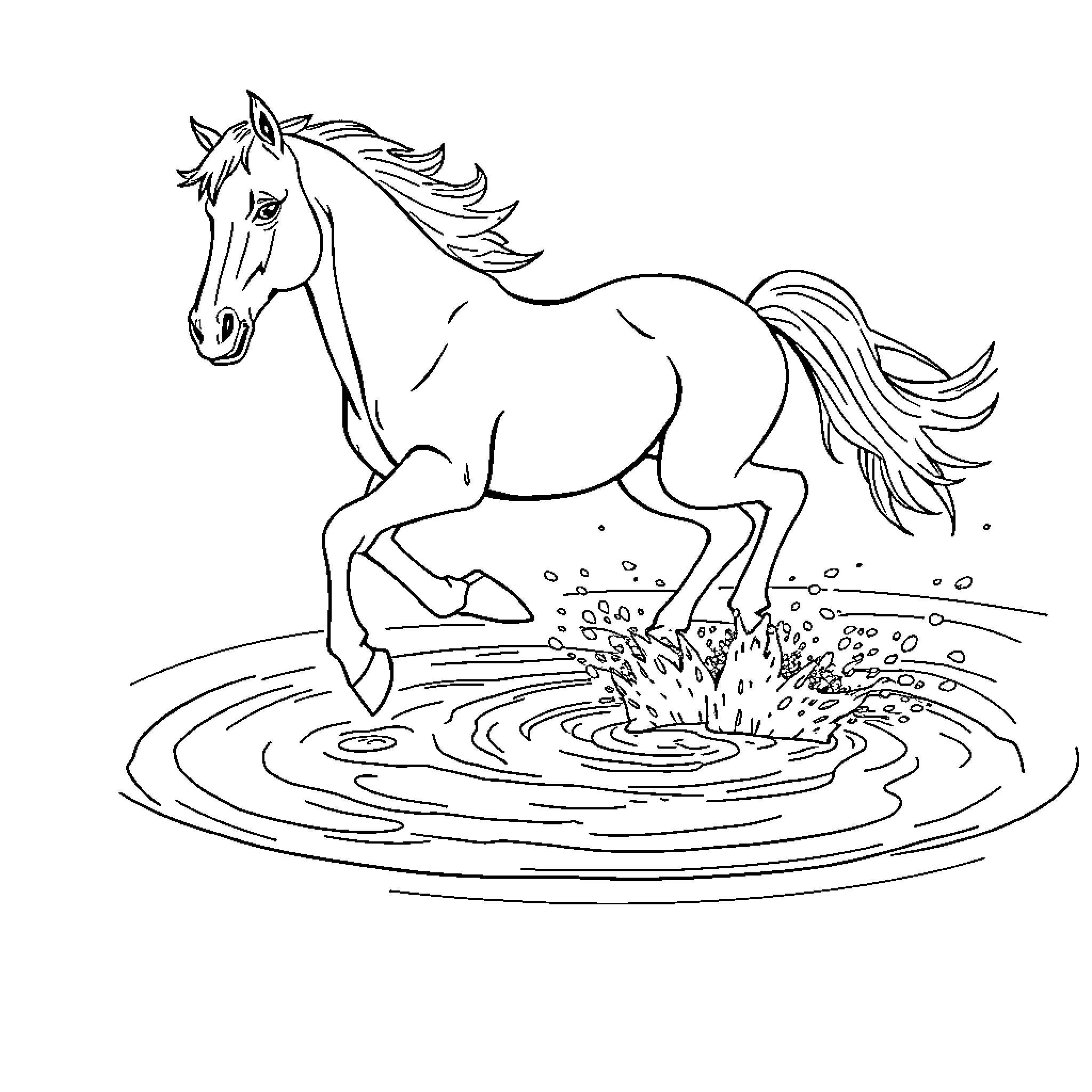 Horse galloping through puddle Coloring Page (free black-and-white line drawing printable PDF for all, from beginners to advanced learners, including children, teens, adults, and seniors)