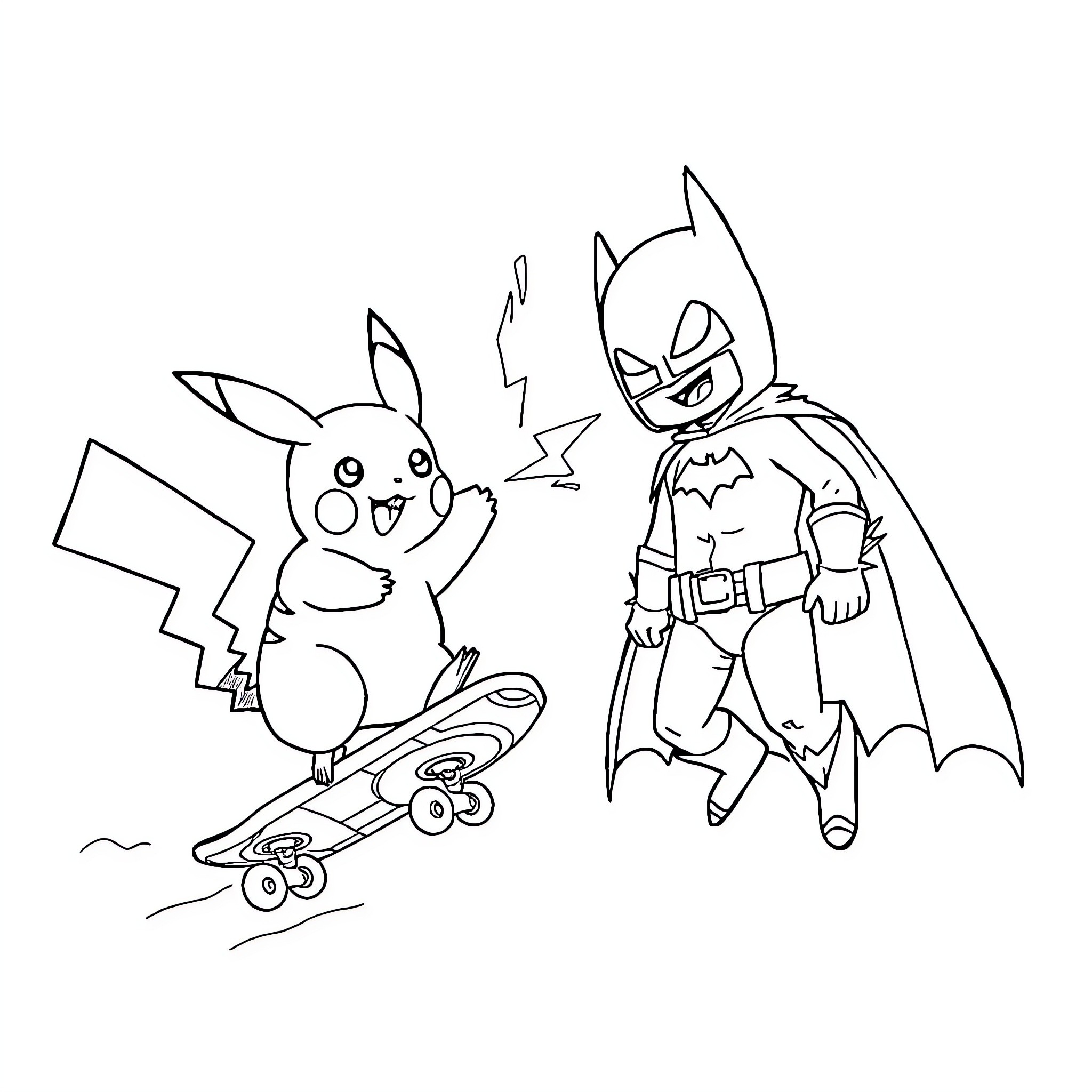 Pikachu riding skateboard as Batman watches Coloring Page (free black-and-white line drawing printable PDF for all, from beginners to advanced learners, including children, teens, adults, and seniors)