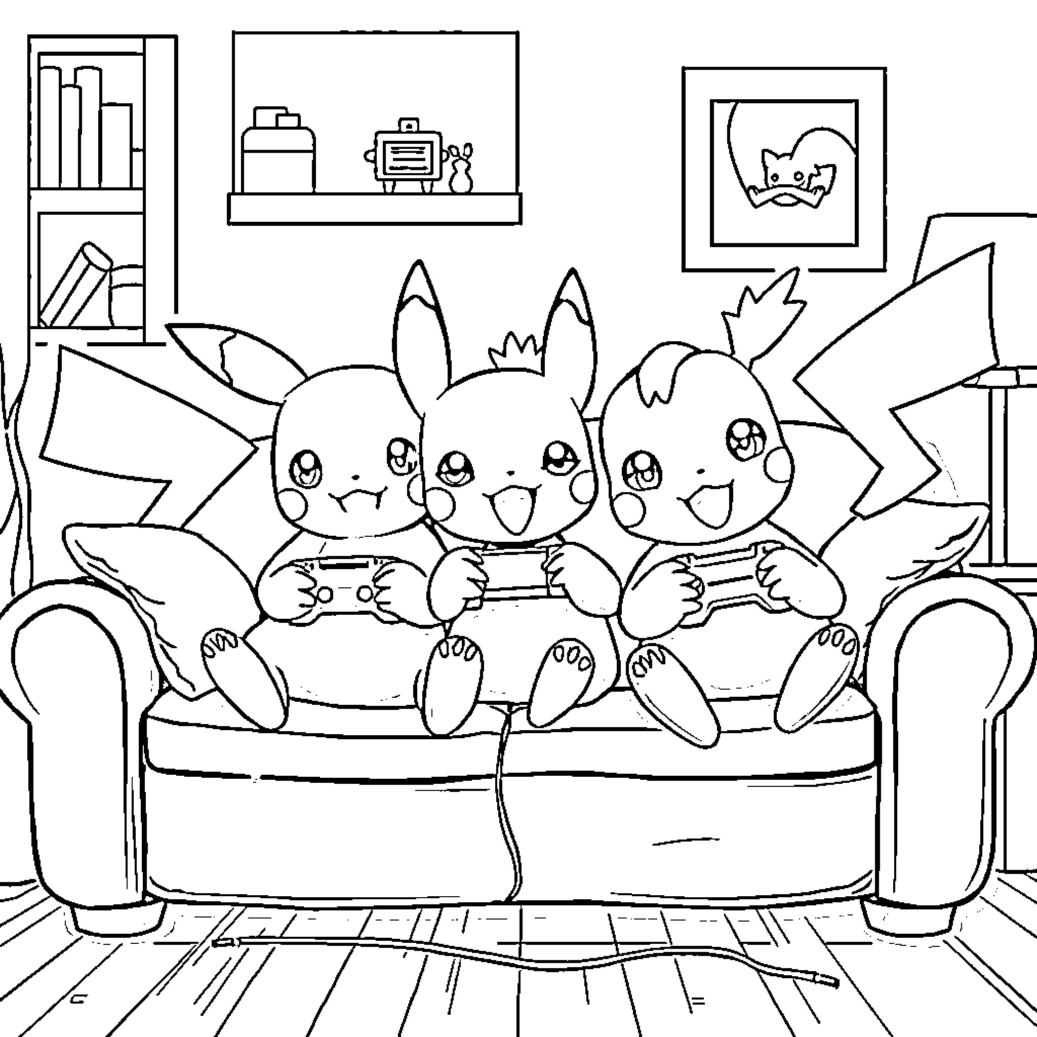 Pokémon characters playing video games together Coloring Page (free black-and-white line drawing printable PDF for all, from beginners to advanced learners, including children, teens, adults, and seniors)