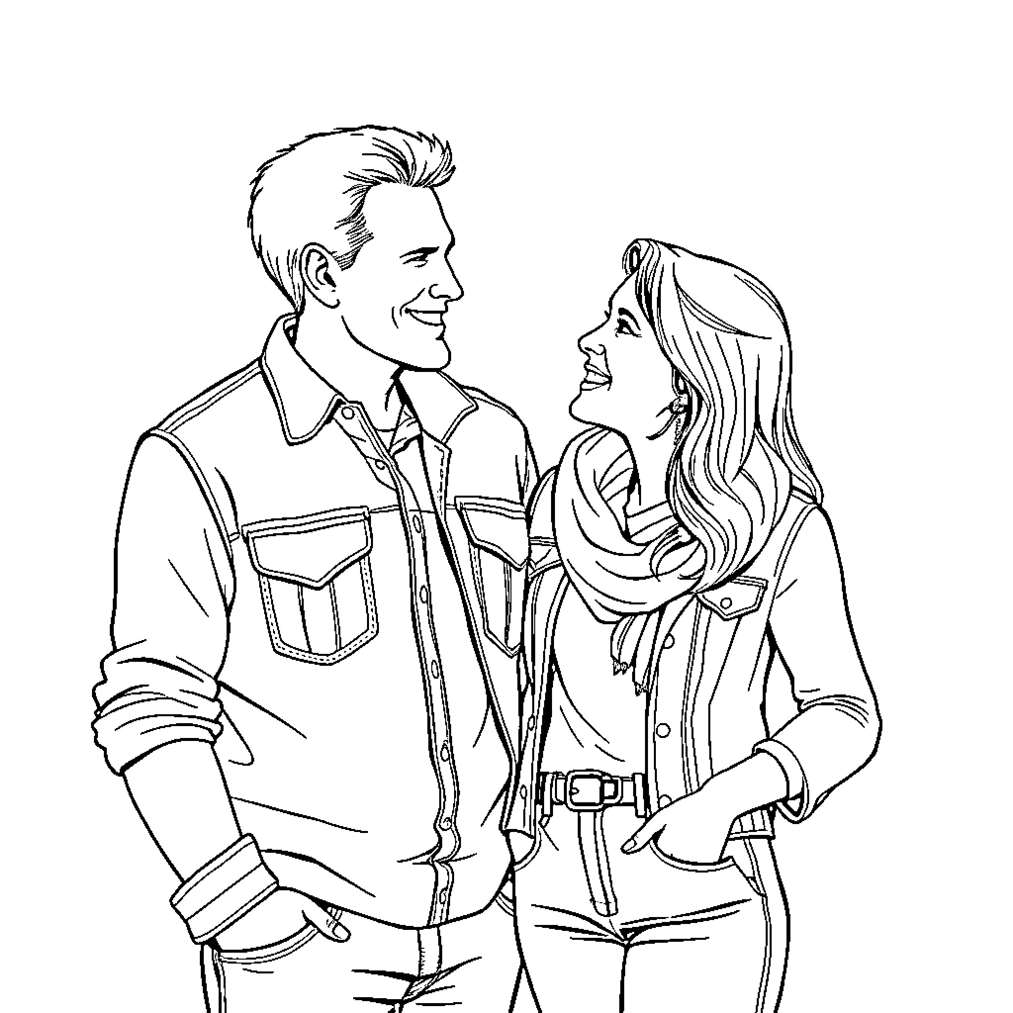 Steve and partner enjoying moments of affection Coloring Page (free black-and-white line drawing printable PDF for all, from beginners to advanced learners, including children, teens, adults, and seniors)
