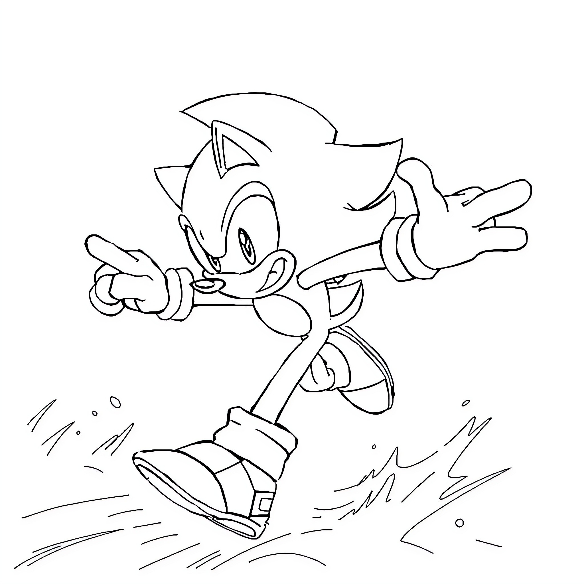 Sonic the Hedgehog dashing speedily in action Coloring Page (free black-and-white line drawing printable PDF for all, from beginners to advanced learners, including children, teens, adults, and seniors)