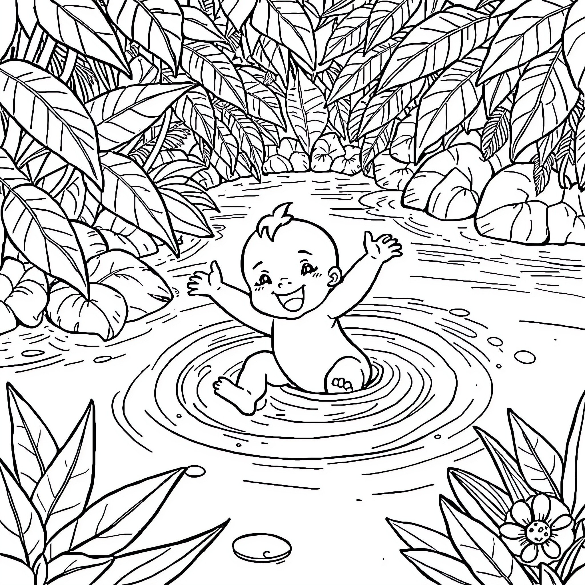 Baby playing happily in the jungle pool Coloring Page (free black-and-white line drawing printable PDF for all, from beginners to advanced learners, including children, teens, adults, and seniors)