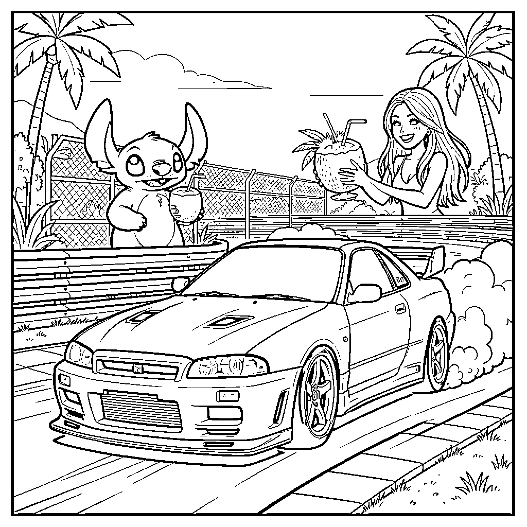 Nissan Skyline GT-R parked near tropical beach scene Coloring Page (free black-and-white line drawing printable PDF for all, from beginners to advanced learners, including children, teens, adults, and seniors)
