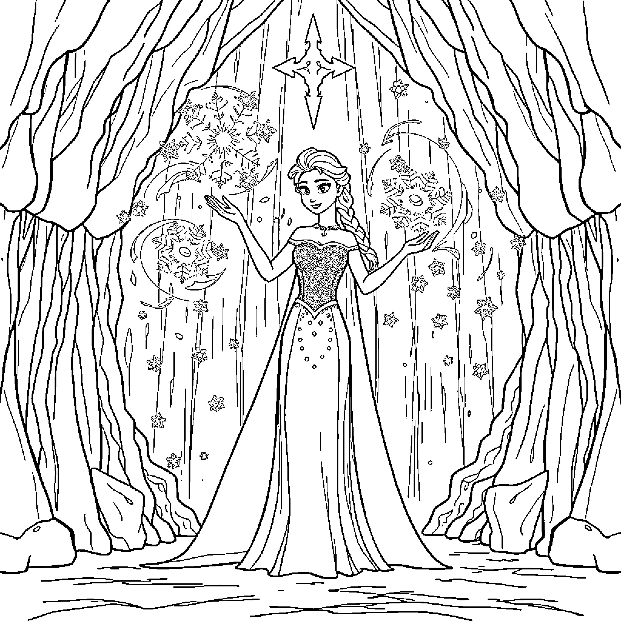 Elsa posing gracefully in a winter wonderland Coloring Page (free black-and-white line drawing printable PDF for all, from beginners to advanced learners, including children, teens, adults, and seniors)