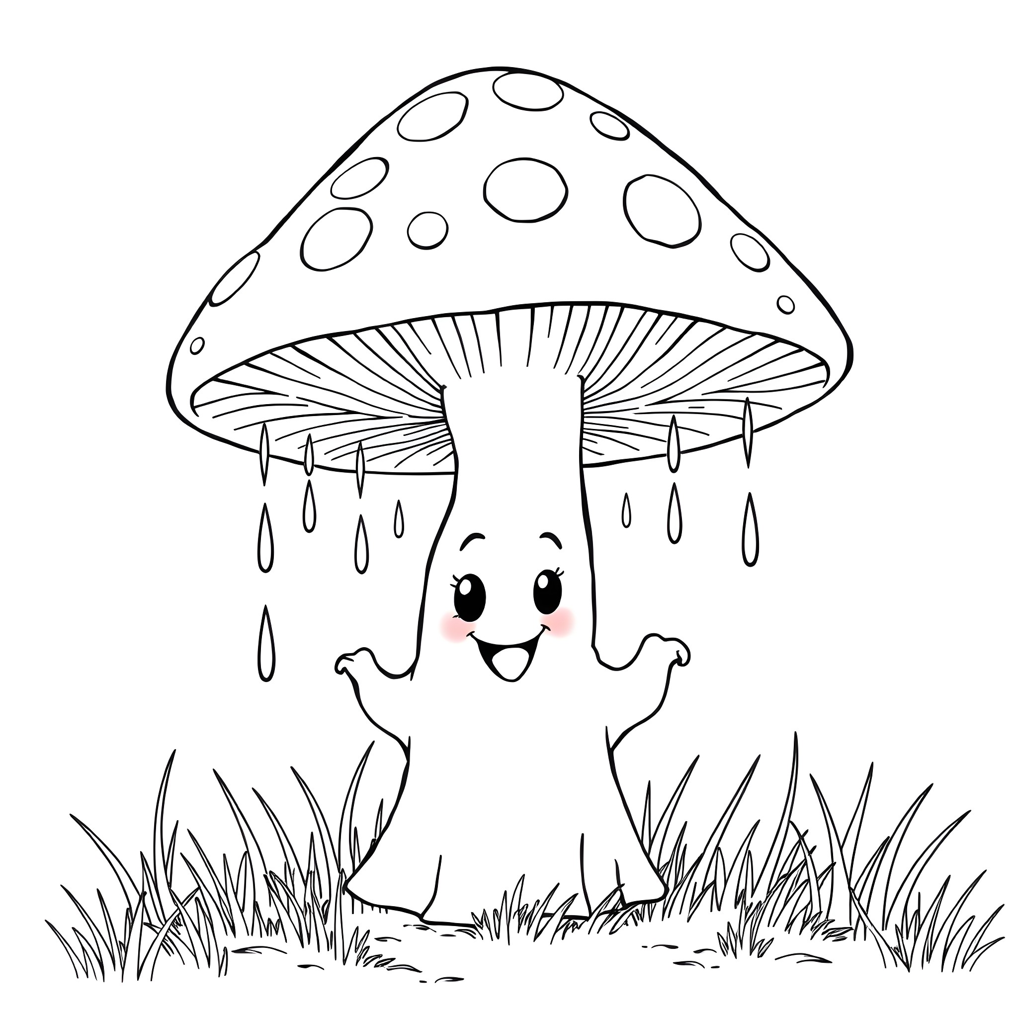 Ghost Mushroom dancing in the rain Coloring Page (free black-and-white line drawing printable PDF for all, from beginners to advanced learners, including children, teens, adults, and seniors)