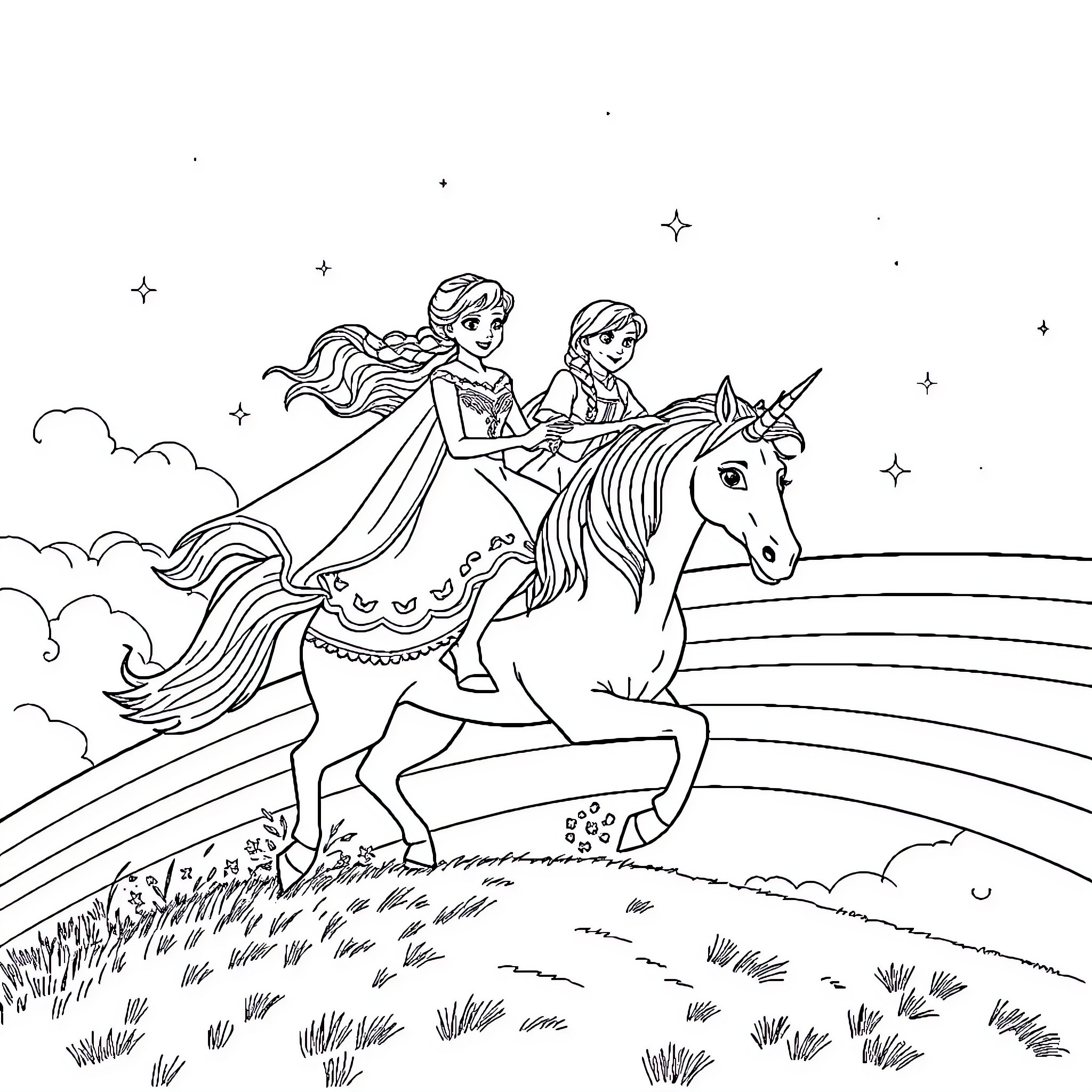 Unicorn princesses riding through the enchanted meadow Coloring Page (free black-and-white line drawing printable PDF for all, from beginners to advanced learners, including children, teens, adults, and seniors)