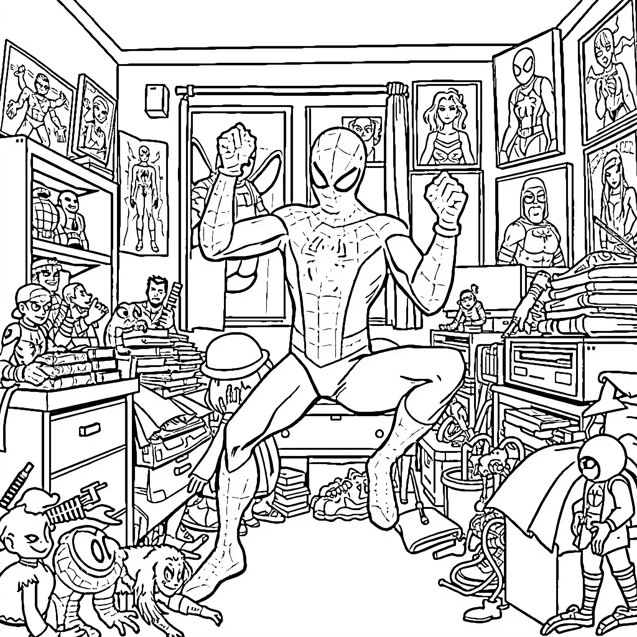 Spiderman enjoying his superhero collectibles and workspace Coloring Page (free black-and-white line drawing printable PDF for all, from beginners to advanced learners, including children, teens, adults, and seniors)