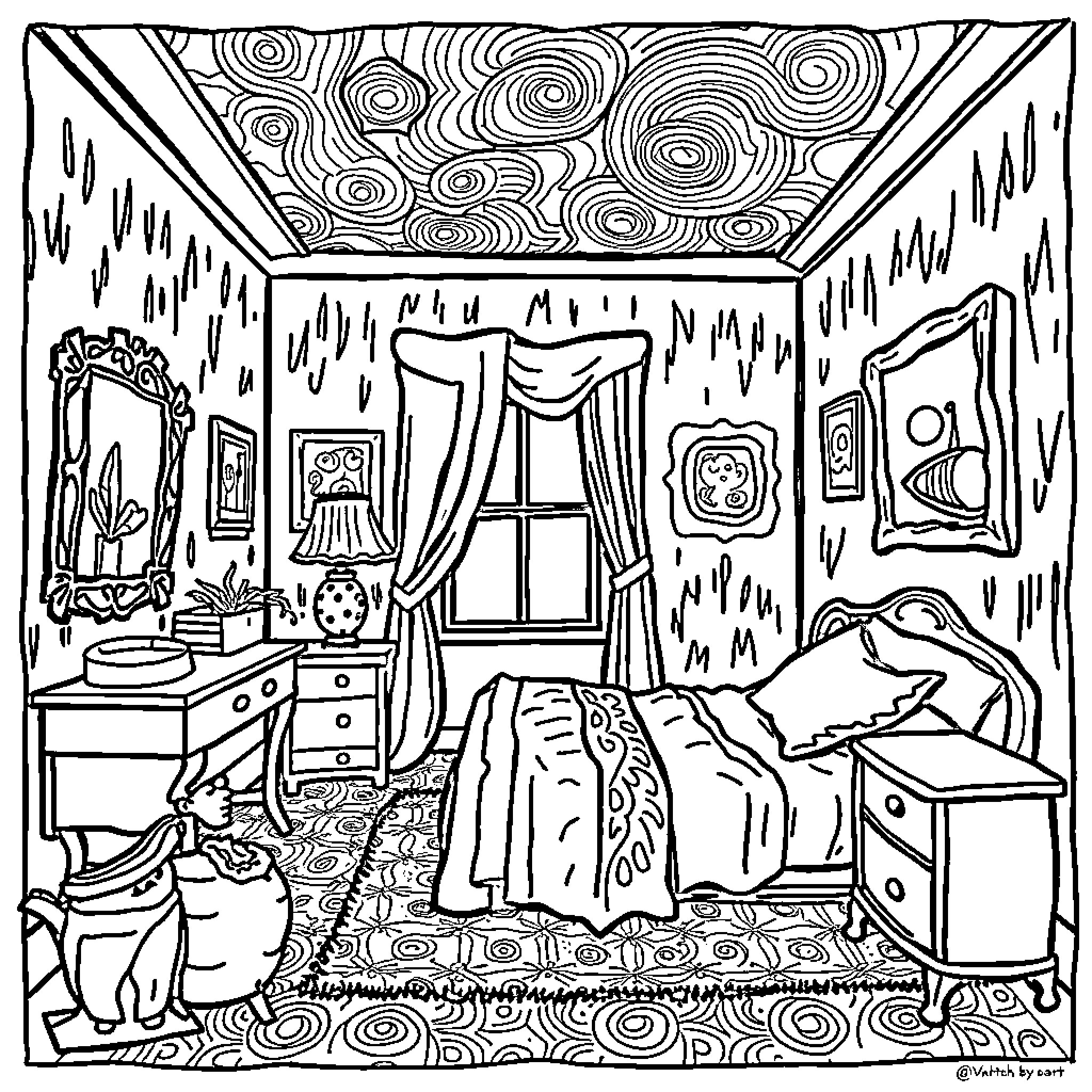 Van Gogh's Cozy Bedroom Sanctuary Coloring Page (free black-and-white line drawing printable PDF for all, from beginners to advanced learners, including children, teens, adults, and seniors)