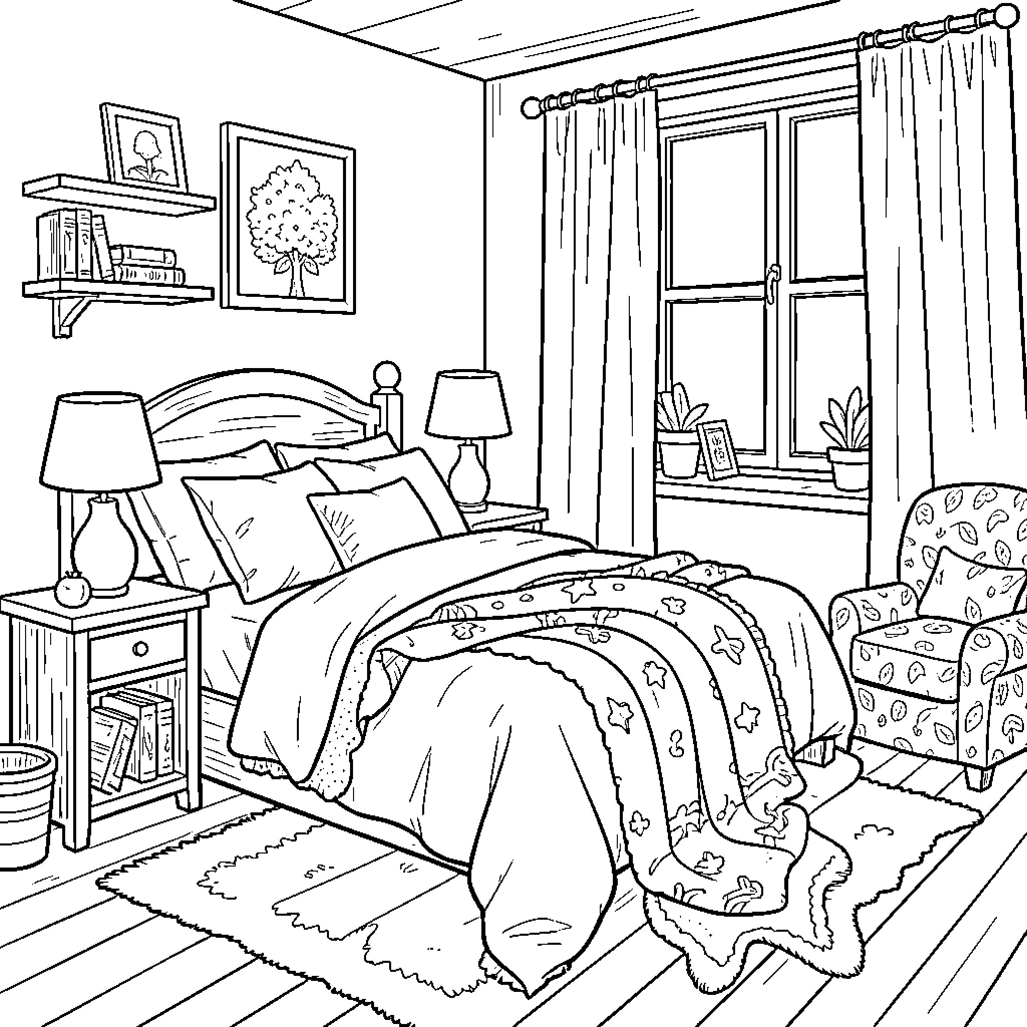 Cozy Bedroom with Warm Furnishings Coloring Page (free black-and-white line drawing printable PDF for all, from beginners to advanced learners, including children, teens, adults, and seniors)