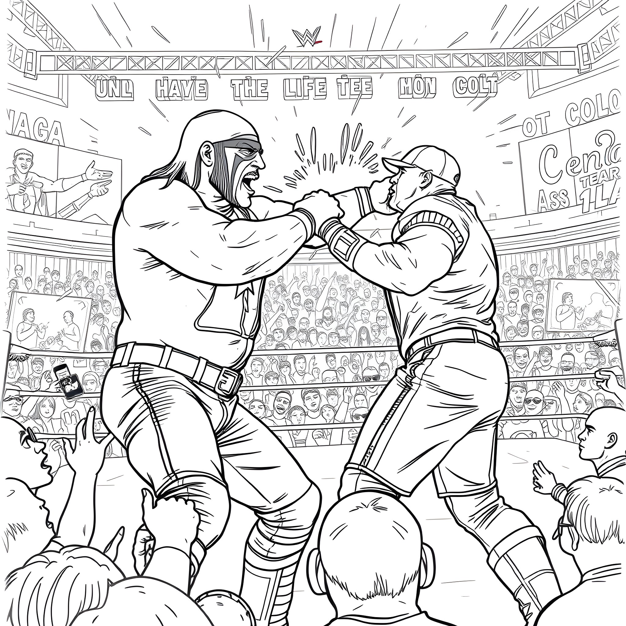 Hulk Hogan Wrestling Match with Intense Expressions Coloring Page (free black-and-white line drawing printable PDF for all, from beginners to advanced learners, including children, teens, adults, and seniors)