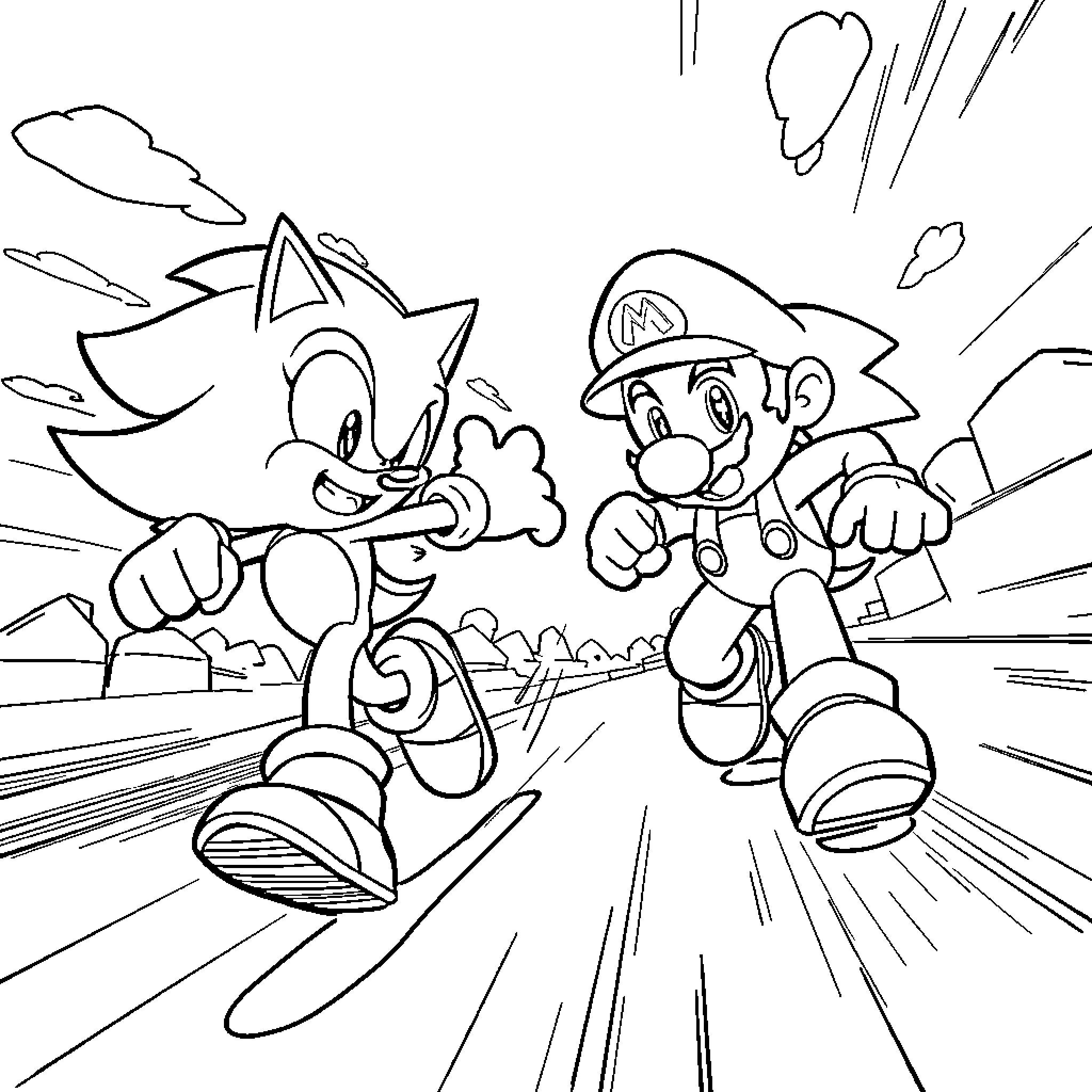 Sonic and Mario in an action-packed scene Coloring Page (free black-and-white line drawing printable PDF for all, from beginners to advanced learners, including children, teens, adults, and seniors)