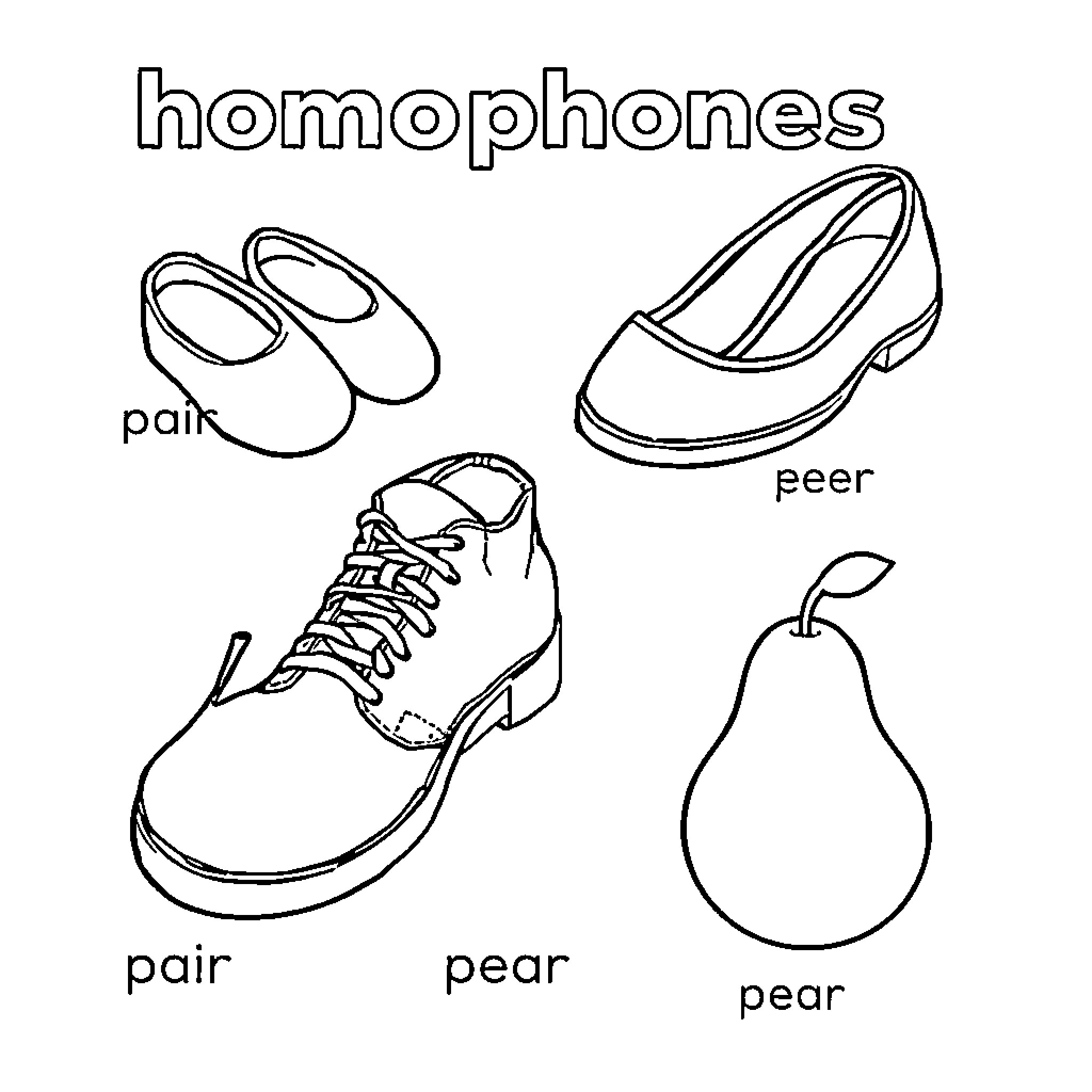 Homophone: Footwear and Fruit Illustrations Coloring Page (free black-and-white line drawing printable PDF for all, from beginners to advanced learners, including children, teens, adults, and seniors)