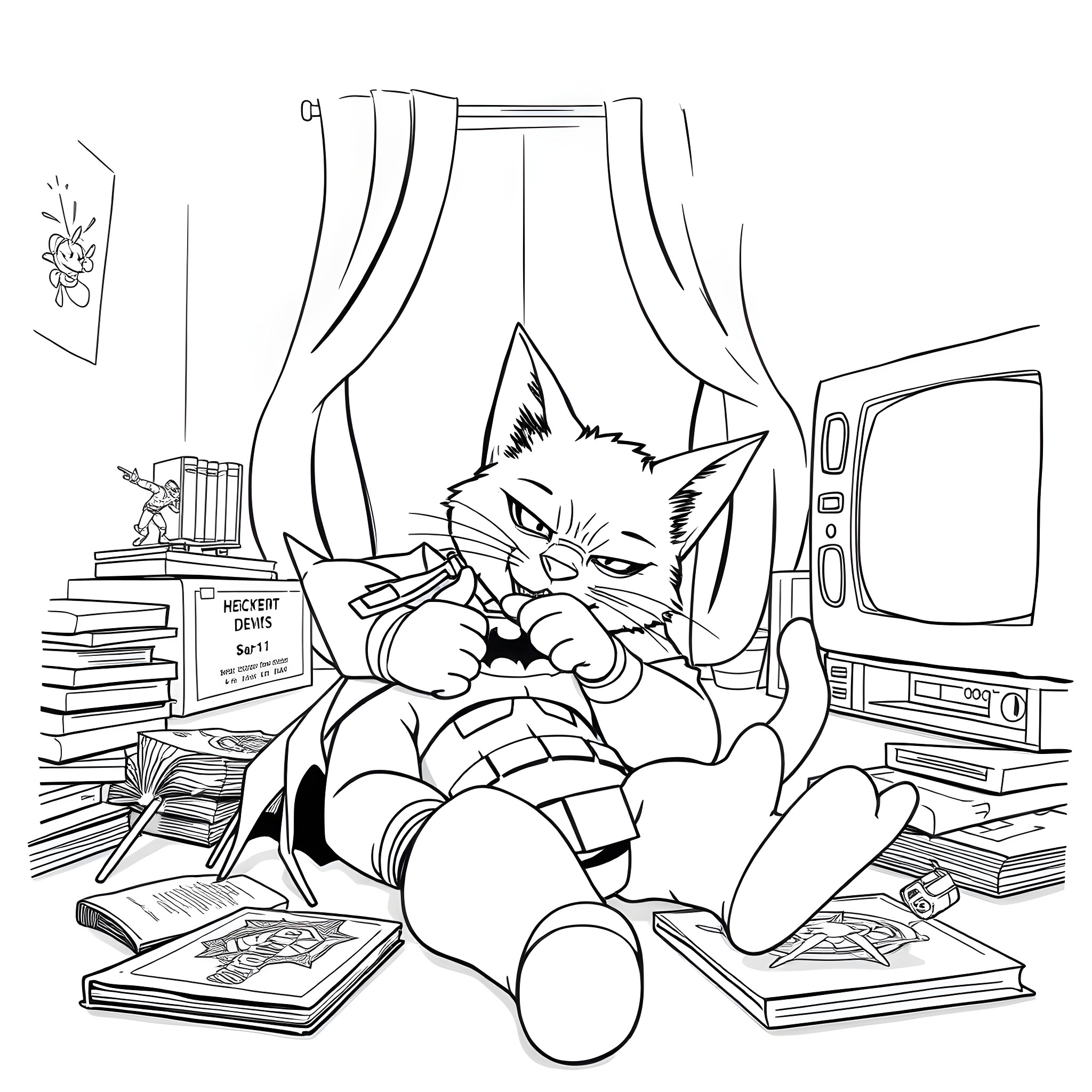 Cat relaxing in messy office space Coloring Page (free black-and-white line drawing printable PDF for all, from beginners to advanced learners, including children, teens, adults, and seniors)