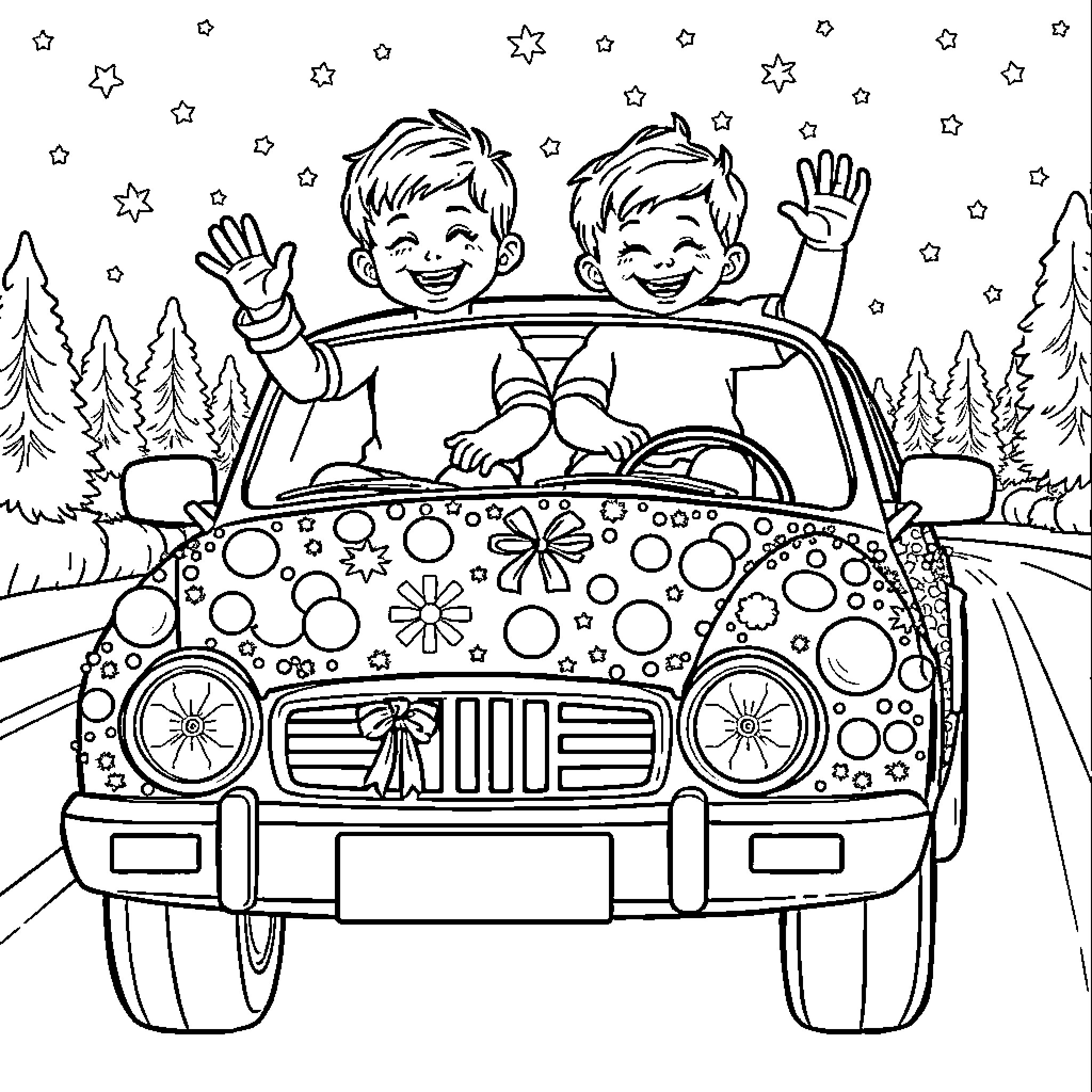 Car with happy kids waving in a winter wonderland Coloring Page (free black-and-white line drawing printable PDF for all, from beginners to advanced learners, including children, teens, adults, and seniors)