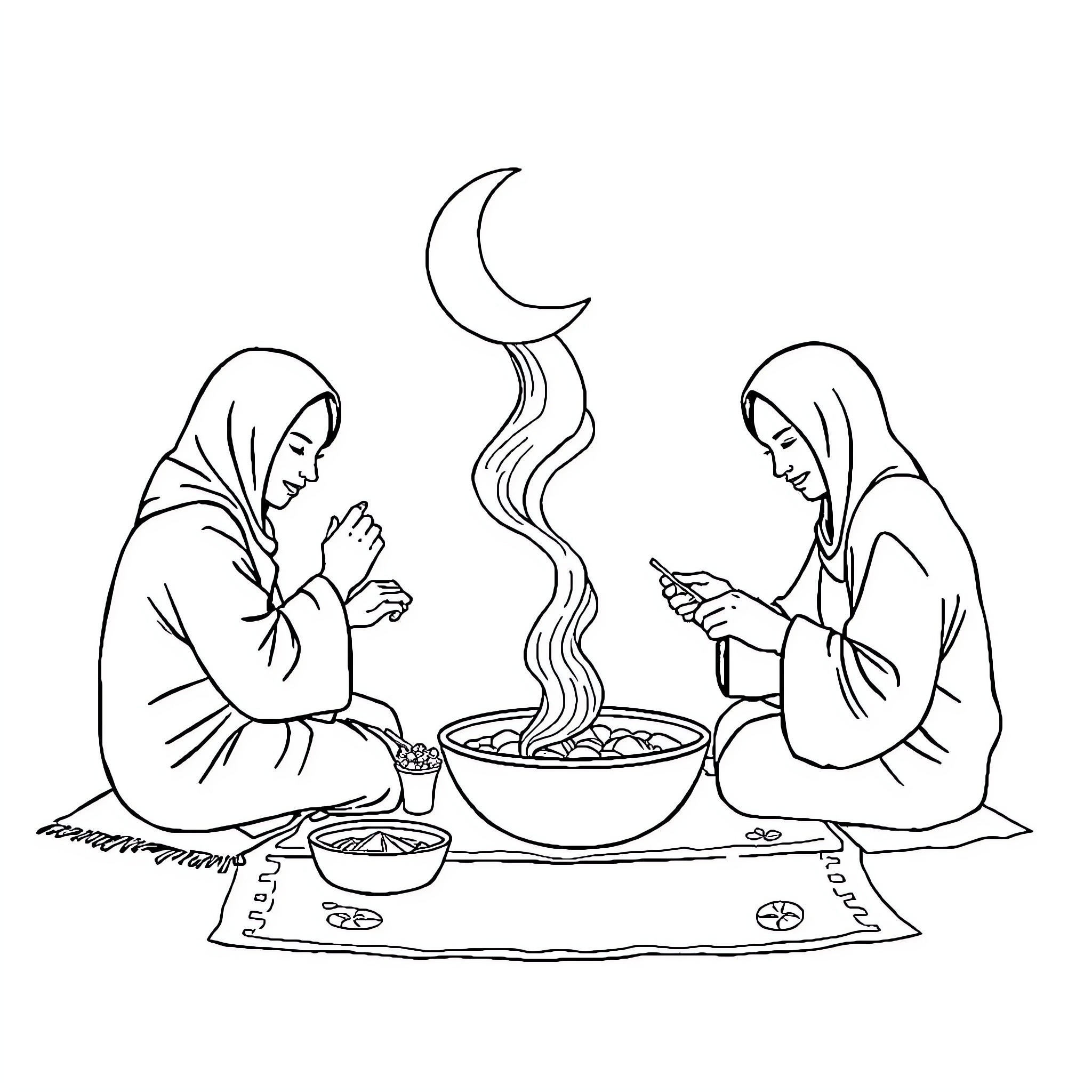 Tung Women Sharing a Meal under the Crescent Moon Coloring Page (free black-and-white line drawing printable PDF for all, from beginners to advanced learners, including children, teens, adults, and seniors)