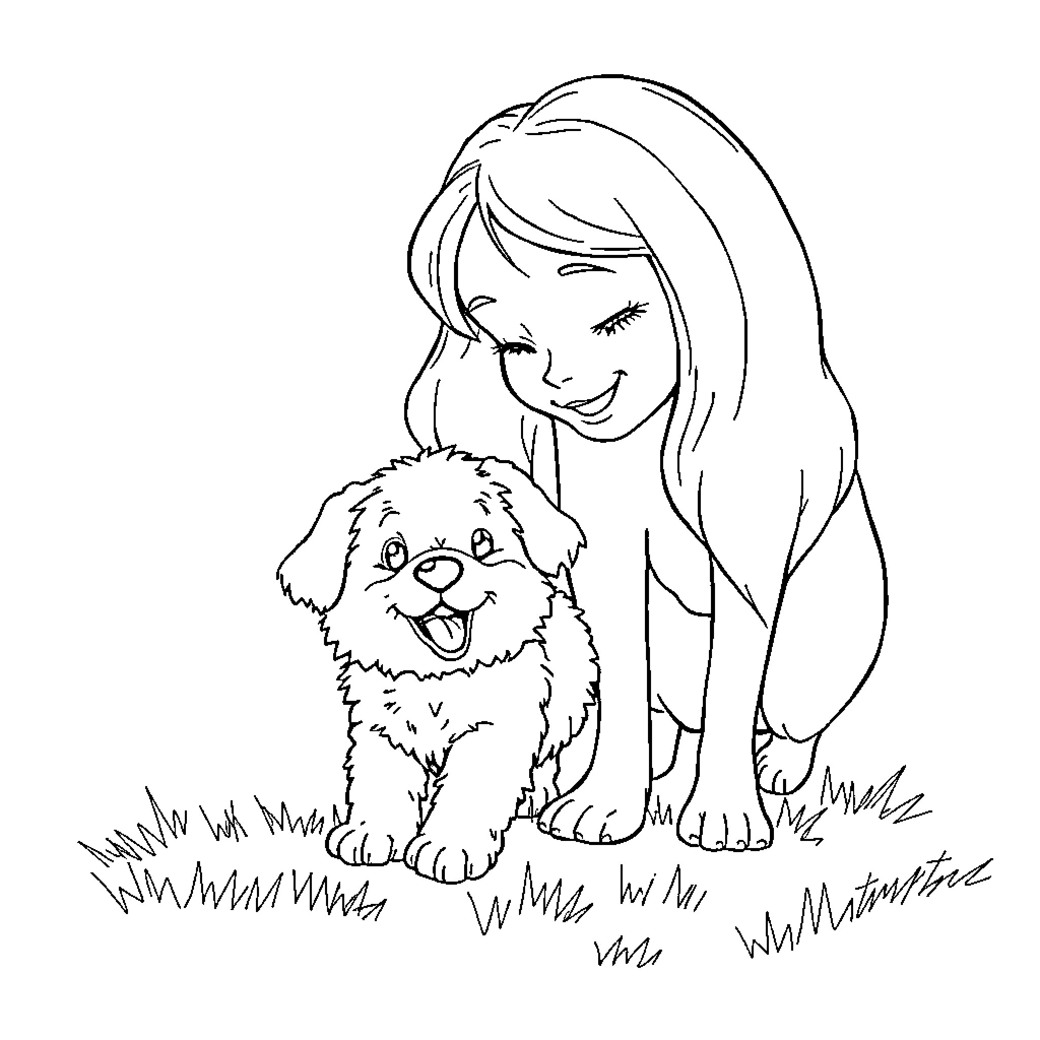 Puppy enjoying playtime with girl Coloring Page (free black-and-white line drawing printable PDF for all, from beginners to advanced learners, including children, teens, adults, and seniors)