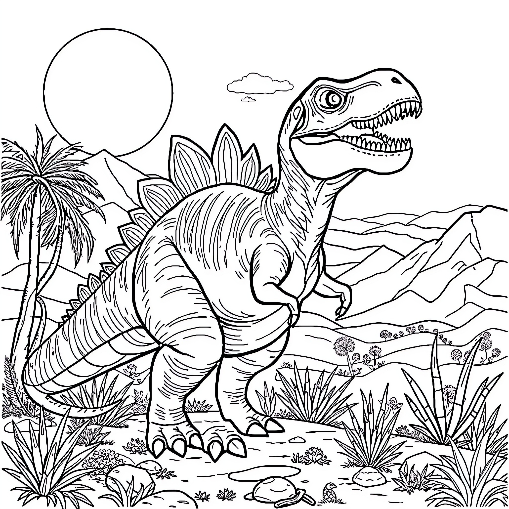 Dinosaur roaming in prehistoric landscape Coloring Page (free black-and-white line drawing printable PDF for all, from beginners to advanced learners, including children, teens, adults, and seniors)